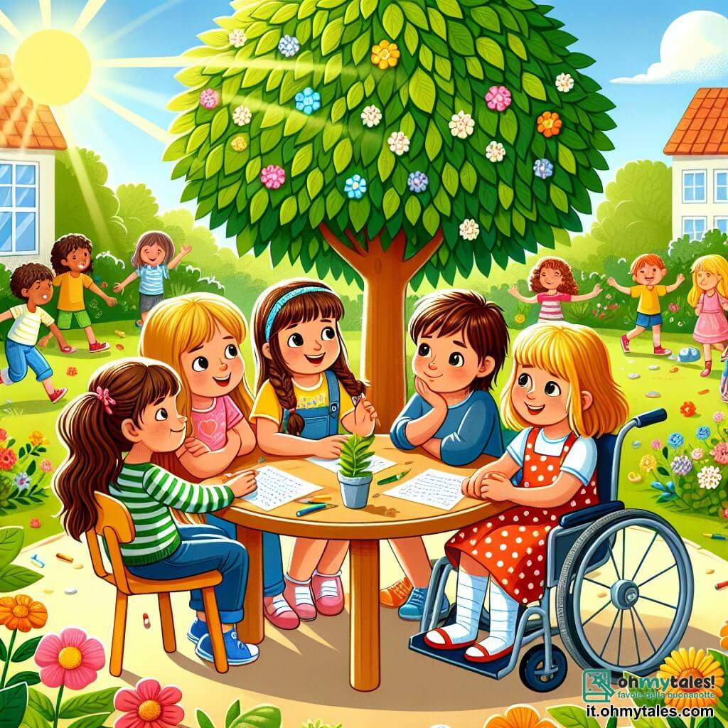 Illustrazione che rappresenta un giardino scolastico soleggiato, pieno di fiori colorati e alberi verdi, con un grande albero di tiglio al centro, sotto il quale si radunano dei bambini. In primo piano, un gruppo di quattro ragazze di circa nove anni: una ha lunghi capelli castani e indossa un vestito rosso a pois bianchi, sorride con entusiasmo; un'altra ha i capelli biondi intrecciati e indossa una maglietta gialla, guarda il gruppo con curiosità; la terza ha capelli castani e indossa un maglione blu, sembra pensierosa, mentre l'ultima, con capelli corti e ricci, è seduta su una sedia a rotelle, mostrando un sorriso caloroso e incoraggiante. La scena mostra le ragazze mentre discutono allegramente attorno a un tavolo di legno, con fogli di carta e matite sparse. Si scambiano segreti e risate, illustrando l'importanza dell'onestà e dell'amicizia. Sullo sfondo, altri bambini giocano e si divertono, creando un'atmosfera gioiosa e dinamica. I raggi di sole filtrano tra le foglie, aggiungendo un tocco di magia a questo momento prezioso di cameratismo.