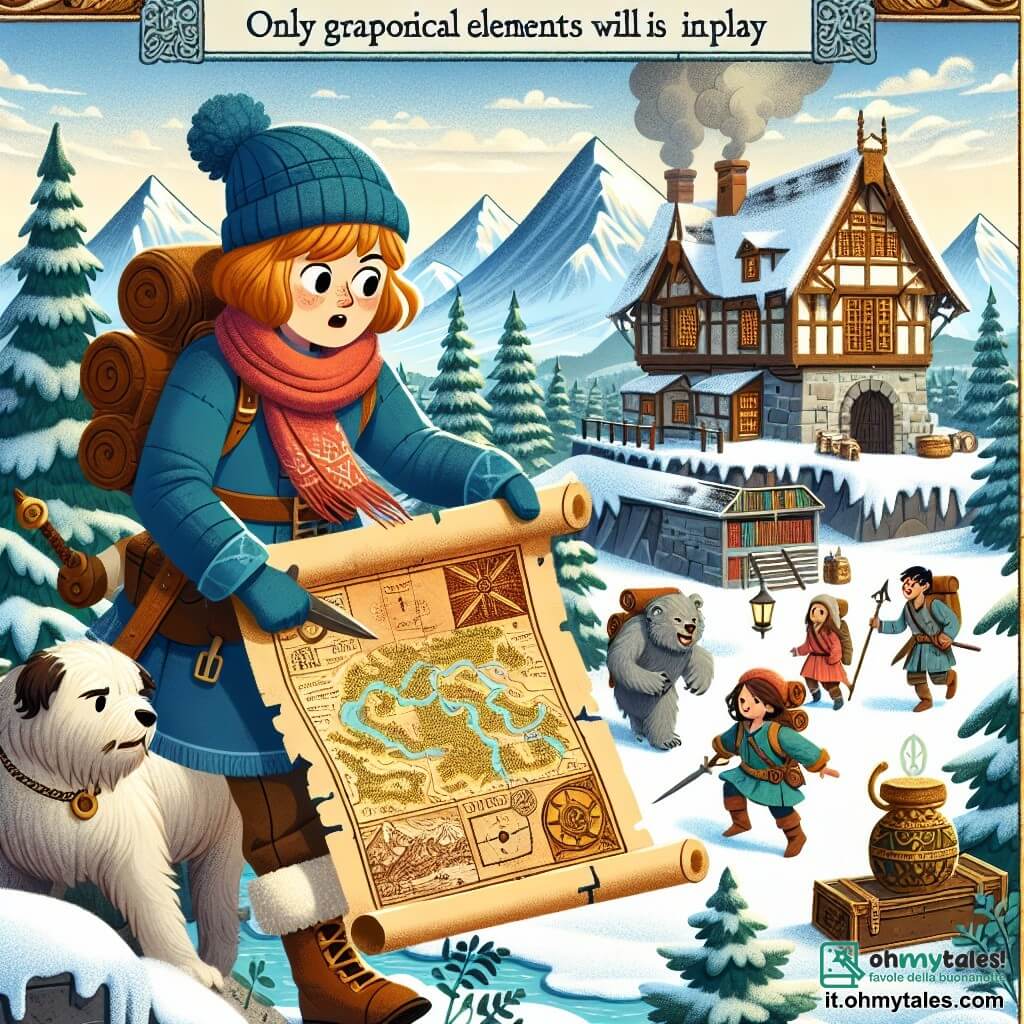 Une illustration destinée aux enfants représentant une petite aventurière intrépide découvrant une ancienne carte au trésor, accompagnée de ses fidèles amis, dans un village enneigé entouré de montagnes majestueuses et d'une bibliothèque ancienne et mystérieuse.