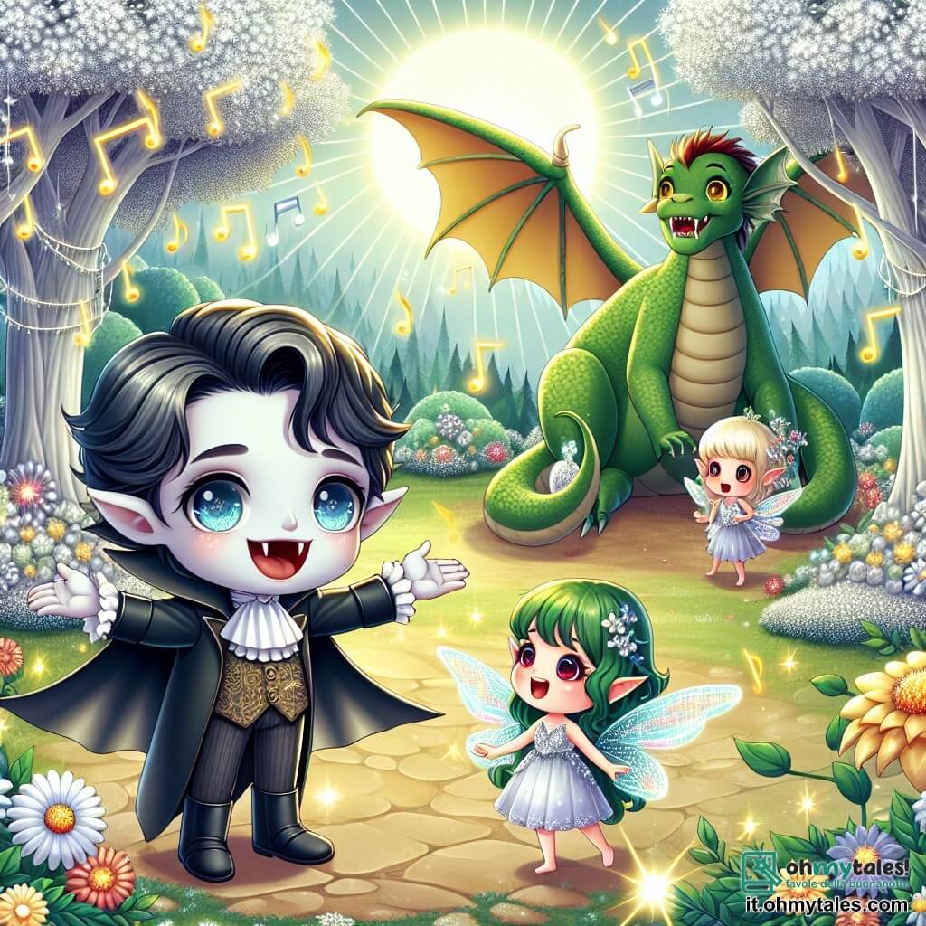 Illustrazione che rappresenta un magnifico santuario magico nel cuore di una foresta incantata, con alberi d'argento dalle foglie scintillanti e fiori luminosi che brillano come stelle. Al centro di questa scena, un vampiro dal volto dolce e amichevole, con grandi occhi blu e capelli neri, canta gioiosamente, con le braccia aperte, circondato da un'aura di luce. Accanto a lui, un piccolo folletto con ali scintillanti e capelli verdi, che vola in cerchio, gli occhi brillanti di eccitazione, ascoltando attentamente la melodia. Sullo sfondo, un grande drago dalle squame verdi, con occhi gialli brillanti, ascolta la canzone con un'espressione serena, il suo corpo imponente in contrasto con la dolcezza della scena. Note musicali fluttuano nell'aria, aggiungendo un tocco di magia a questo incontro amichevole, mentre raggi di sole filtrano tra i rami, illuminando il tutto di una luce dorata.