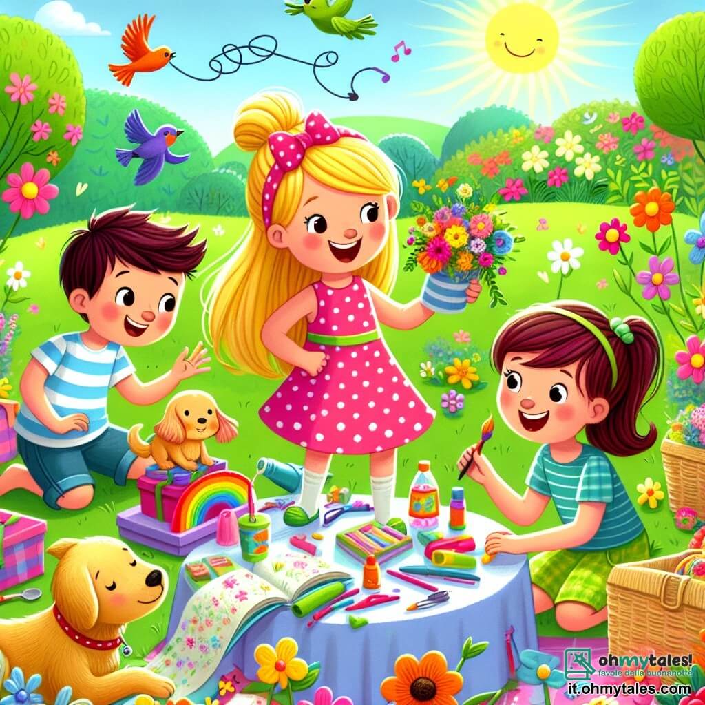 Une illustration destinée aux enfants représentant une fille pleine d'énergie préparant une fête surprise pour sa maman avec l'aide de ses amis, un garçon et une fille, dans un jardin ensoleillé rempli de fleurs colorées, d'oiseaux chantants et d'un chien joueur.