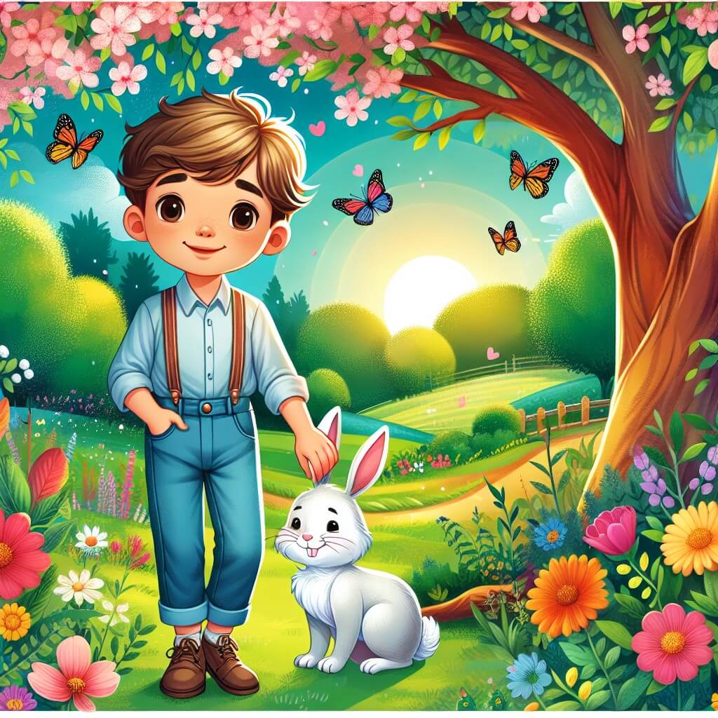 Une illustration destinée aux enfants représentant un jeune garçon souriant, debout devant un arbre fleuri, tenant la main d'un petit lapin, dans un jardin rempli de couleurs vives et de papillons virevoltants, évoquant ainsi l'histoire d'un enfant courageux qui traverse une période difficile de sa vie dans un cadre enchanteur.