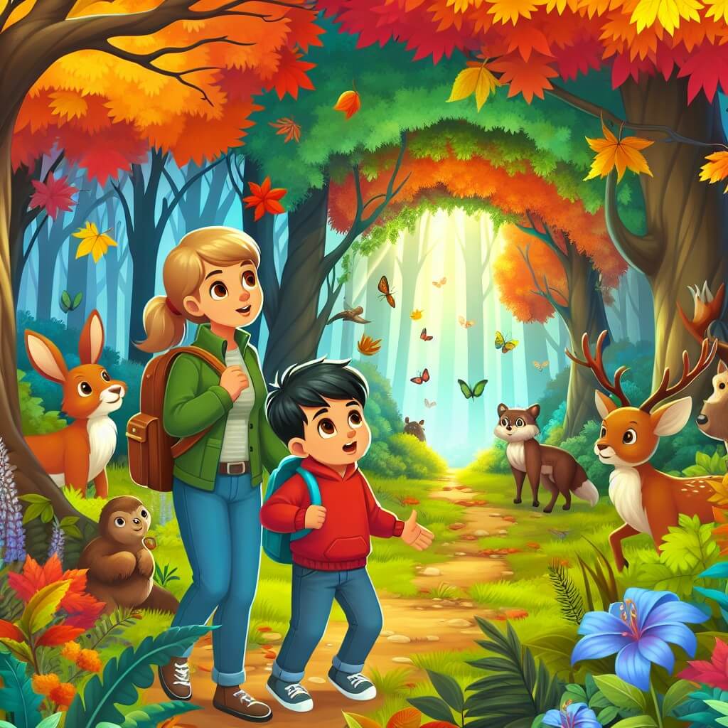 Une illustration destinée aux enfants représentant un jeune garçon émerveillé par les couleurs chatoyantes de l'automne, accompagné de sa maman, découvrant un mystérieux sentier caché au cœur d'un bois enchanté où des animaux curieux et des arbres majestueux semblent lui faire signe.