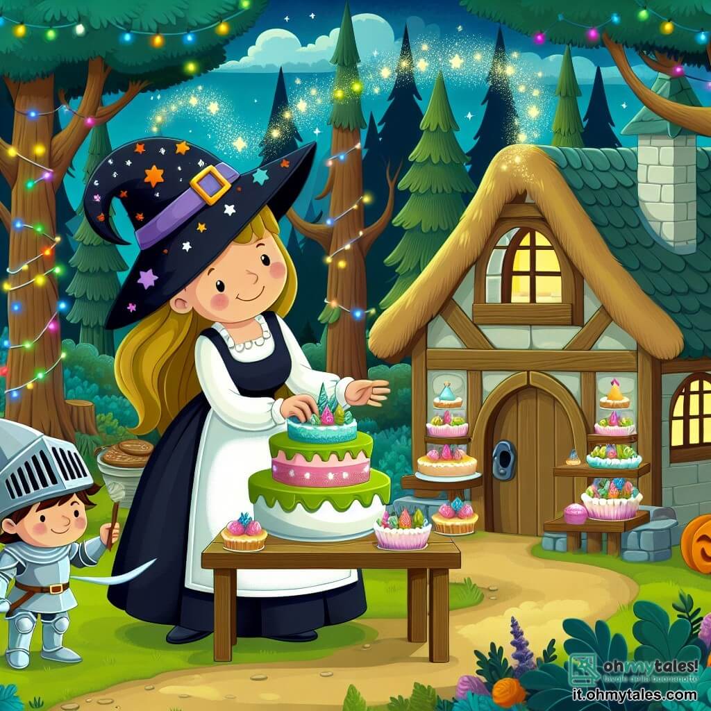 Une illustration destinée aux enfants représentant une sorcière joyeuse concoctant des gâteaux magiques avec l'aide d'un jeune cavalier dans sa pasticceria magica, un charmant cottage en bordure d'une forêt enchantée, où les arbres brillent de mille feux colorés.