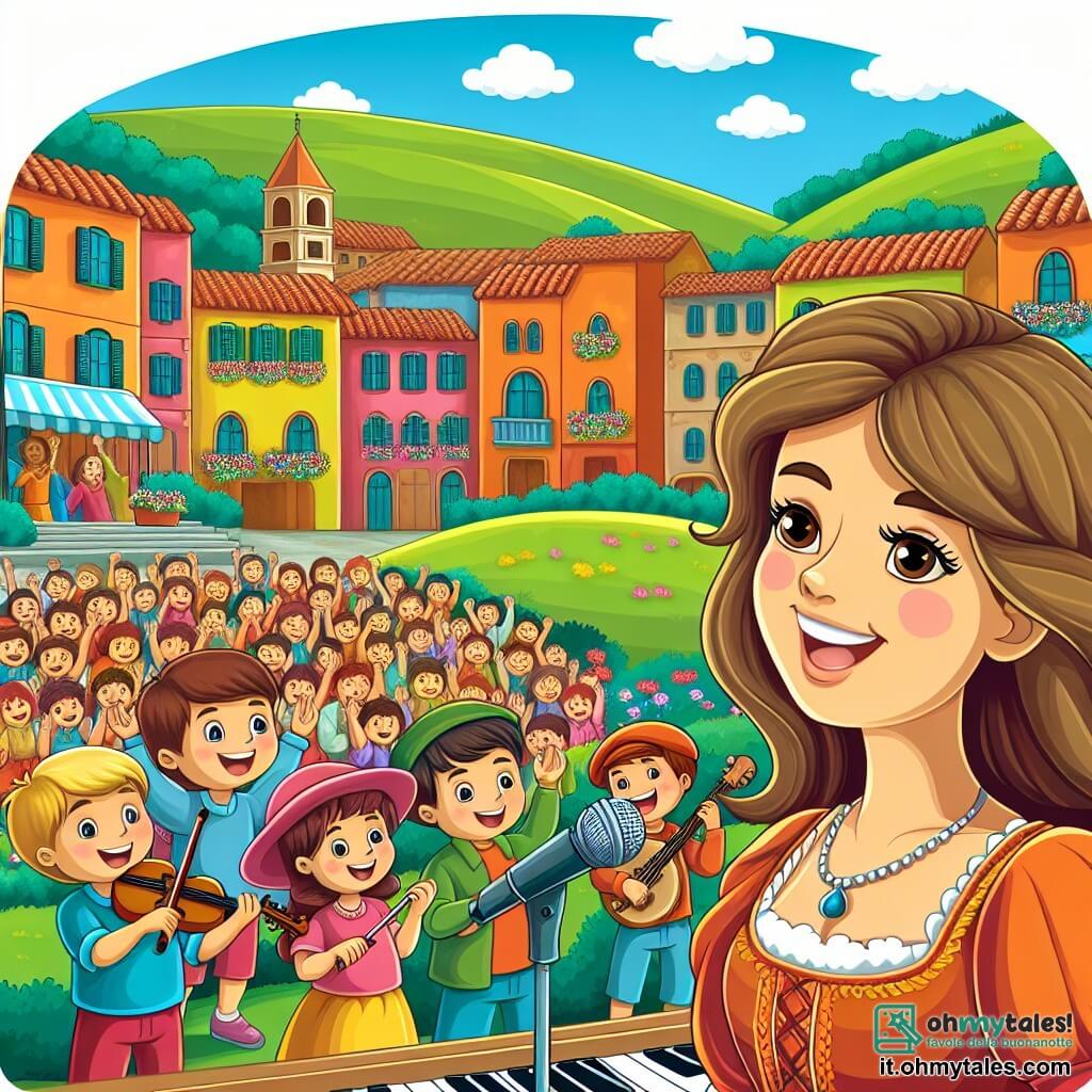 Une illustration destinée aux enfants représentant une chanteuse au sourire radieux se produisant sur scène devant un public enchanté, accompagnée par des enfants musiciens, dans une piazza colorée et animée d'un petit village perché sur une collina verdoyante.