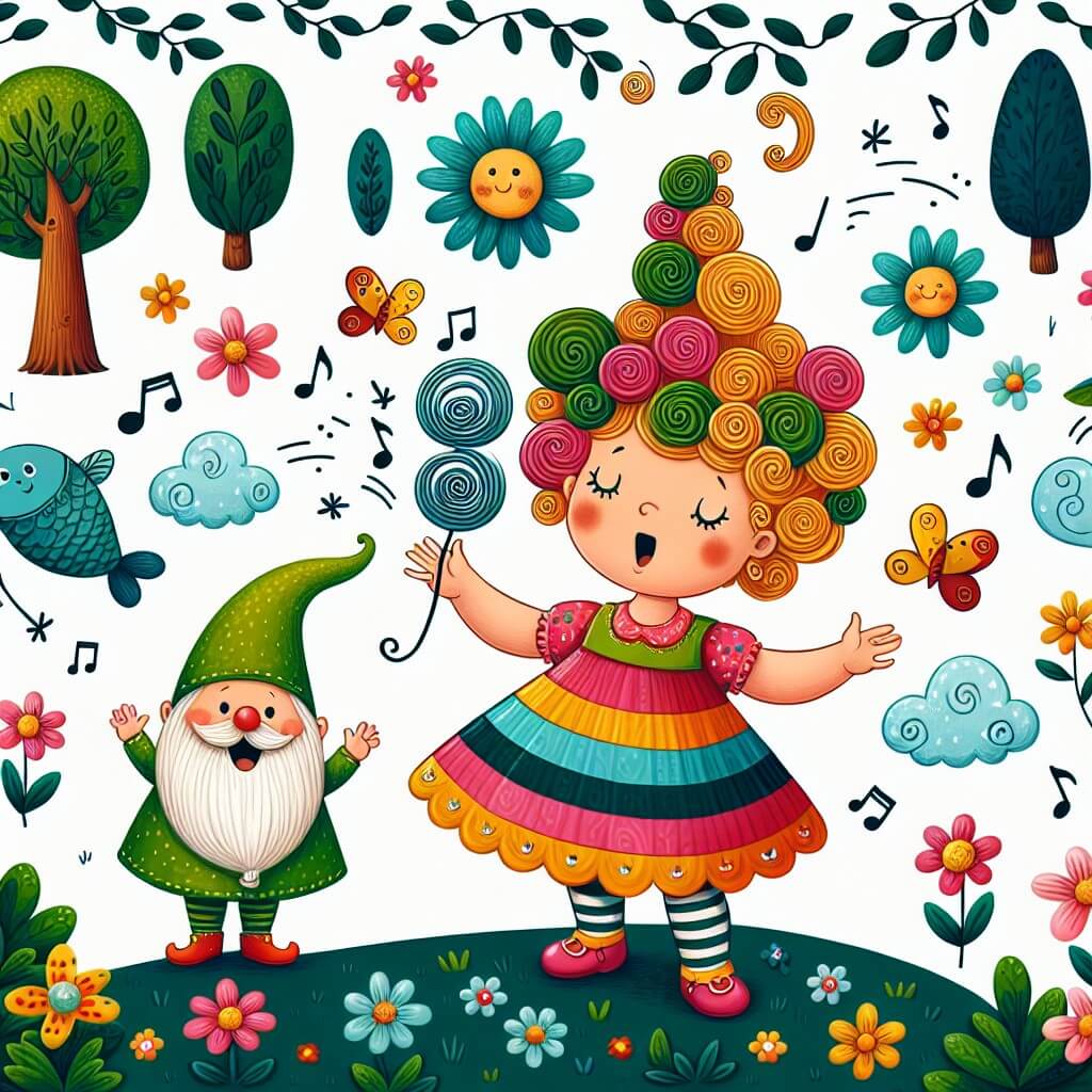 Une illustration destinée aux enfants représentant une petite fille aux cheveux en tire-bouchon, vêtue d'une robe multicolore, se retrouvant dans un monde où les arbres dansent, les poissons volent et les nuages sont en forme de glaces, accompagnée d'un joyeux lutin vert portant un chapeau pointu, le tout se déroulant dans un jardin enchanté rempli de fleurs qui chantent et de papillons qui rient.