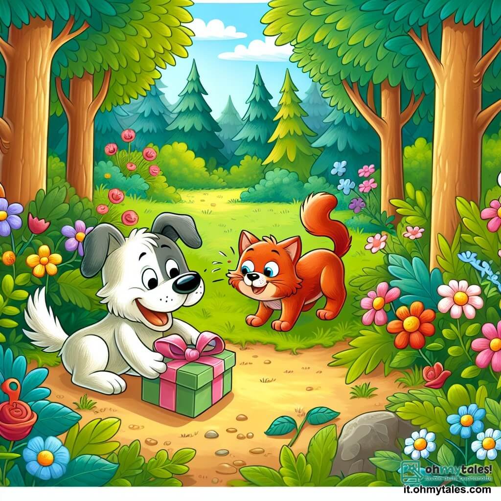 Une illustration destinée aux enfants représentant un chien joyeux et curieux découvrant une surprise préparée par son amie, une chatte rouquine, dans une petite clairière ensoleillée, entourée de alberi colorati et di fiori profumati, dans un bois enchanté.