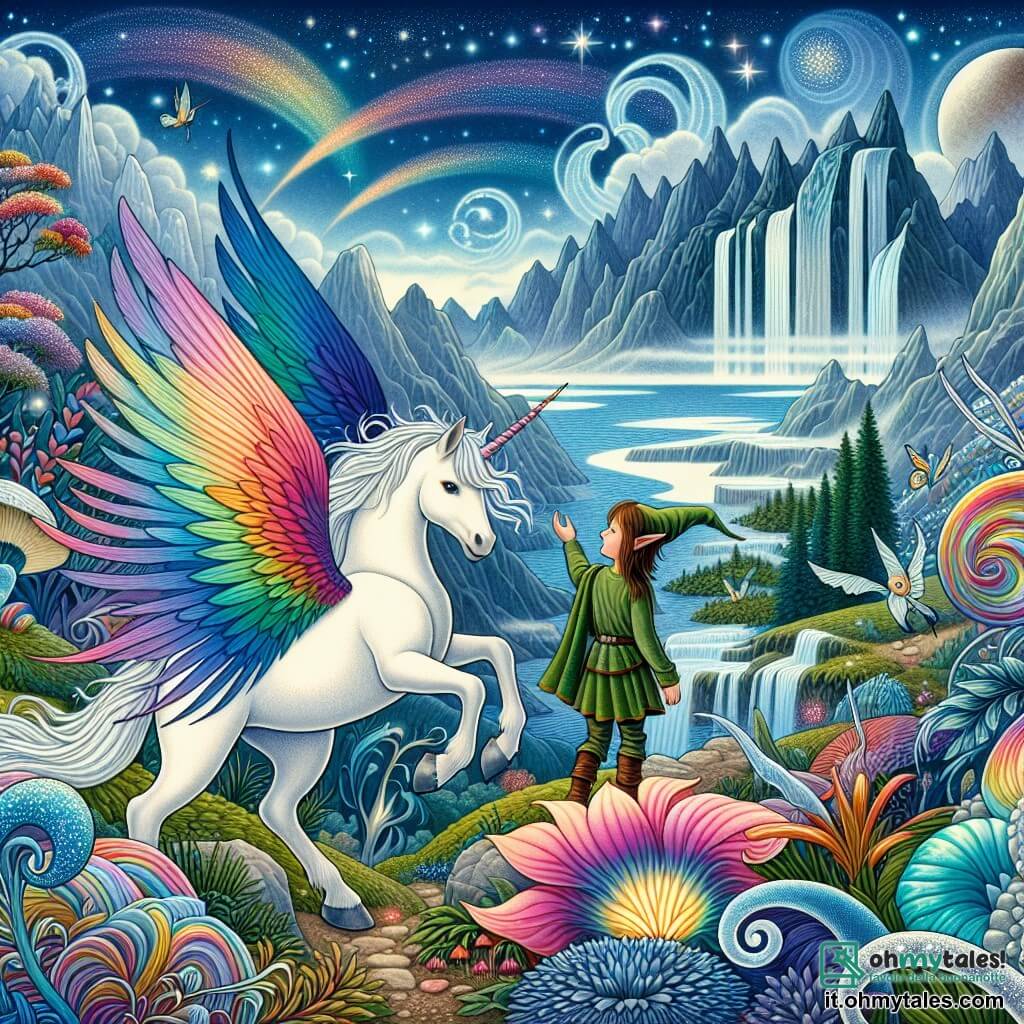 Une illustration destinée aux enfants représentant une licorne majestueuse explorant un monde enchanté en compagnie d'un elfe aux ailes multicolores, dans le Regno delle Luci, un royaume aux couleurs iridescentes et aux cascades d'argento.