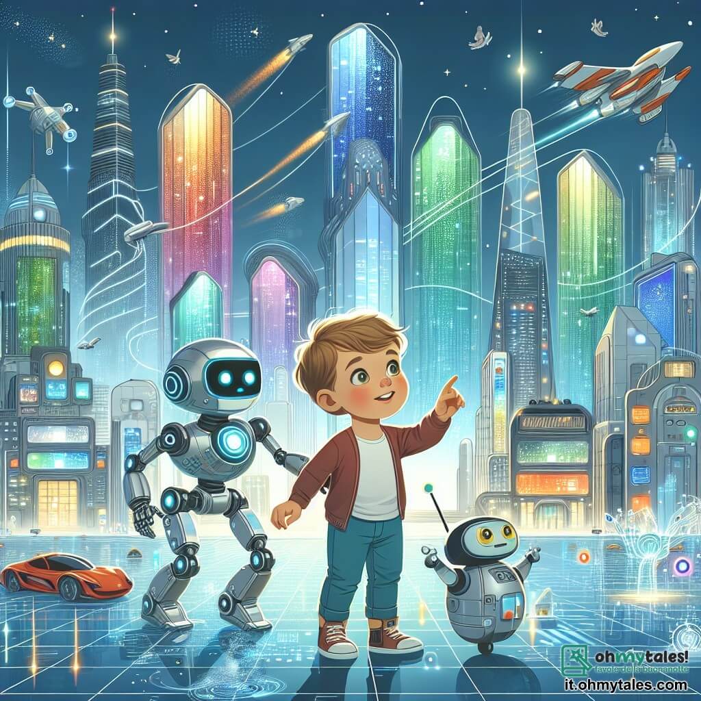Une illustration destinée aux enfants représentant un petit garçon curieux explorant une ville futuriste scintillante avec son fidèle robot compagnon, au milieu de gratte-ciels aux fenêtres transparentes changeant de couleur, de véhicules volants et de gadgets extraordinaires, dans la ville de Lumina.