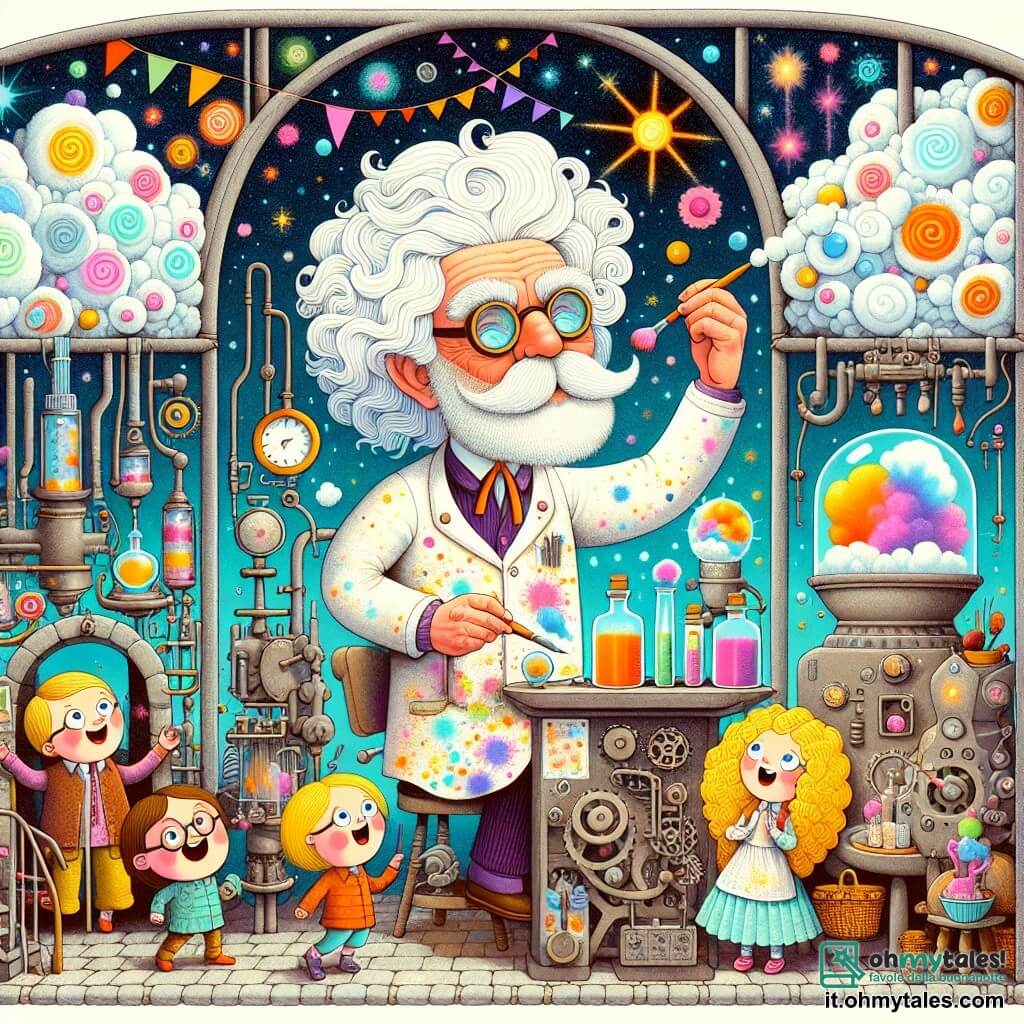 Une illustration destinée aux enfants représentant un homme aux cheveux blancs et ébouriffés comme des nuages de coton, vêtu d'une blouse colorée pleine de taches de peinture, qui se tient dans son laboratoire farfelu rempli de machines scintillantes et de gadgets étranges, où il tente de créer une invention incroyable pour transformer les nuages en douceurs sucrées, tandis que des enfants aux rires éclatants, dont une fille aux cheveux bouclés dorés comme le soleil et un garçon aux lunettes rondes, l'observent avec des yeux émerveillés, dans un petit village pittoresque où les arbres dansent et les fleurs chantent sous un ciel bleu éclatant.
