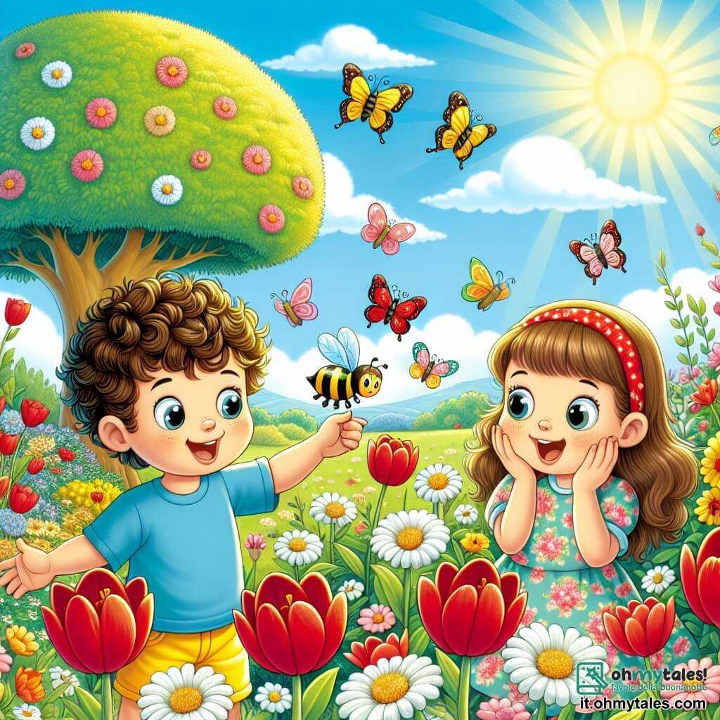 Illustrazione che rappresenta un giardino in piena fioritura, illuminato dalla luce dorata del sole primaverile. Fiori colorati, come tulipani rossi e margherite bianche, sbocciano attorno a un grande albero verde. Al centro, due bambini osservano un'ape che vola di fiore in fiore. Il primo bambino è un ragazzo di circa quattro anni, con capelli ricci e occhi scintillanti. Indossa una maglietta blu e pantaloni corti gialli, e indica l'ape con un grande sorriso. Accanto a lui, una bambina della stessa età, con capelli lunghi e lisci, indossa un vestito rosa a fiori. Guarda l'ape con meraviglia, con le mani sulle guance. La scena cattura l'eccitazione e la curiosità dei bambini di fronte alla bellezza della natura in primavera, circondati da farfalle colorate che volano intorno a loro. Sullo sfondo, un cielo blu chiaro e alcune nuvole bianche aggiungono dolcezza all'atmosfera primaverile.