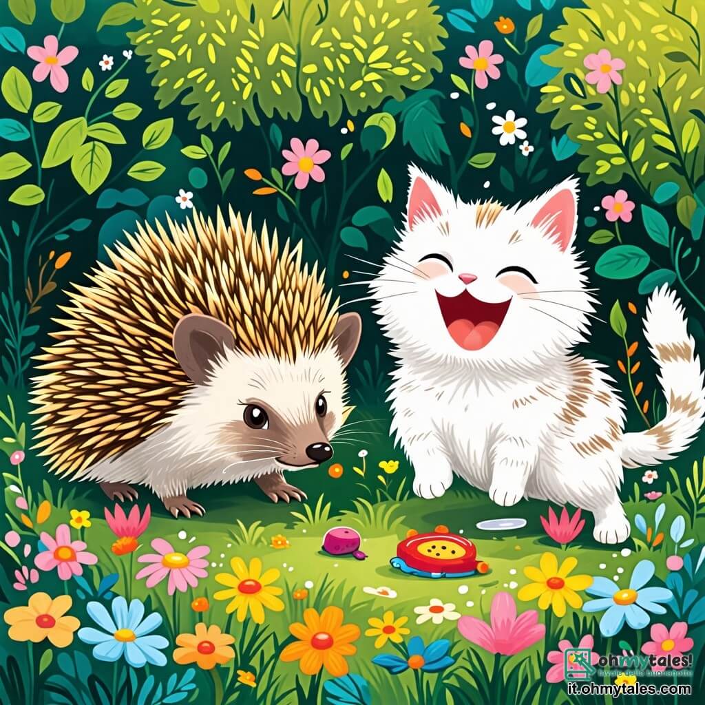 Une illustration sous forme de dessin destinée aux enfants représentant un jardin coloré rempli de fleurs éclatantes et de buissons verts, avec un petit hérisson aux piquants dorés qui cherche sous un buisson, l'air curieux et déterminé, tandis qu'un chat blanc et duveteux, aux yeux pétillants, saute joyeusement à côté de lui, riant de la situation, alors qu'ils tentent ensemble de retrouver un jouet perdu dans une ambiance ludique et amicale.