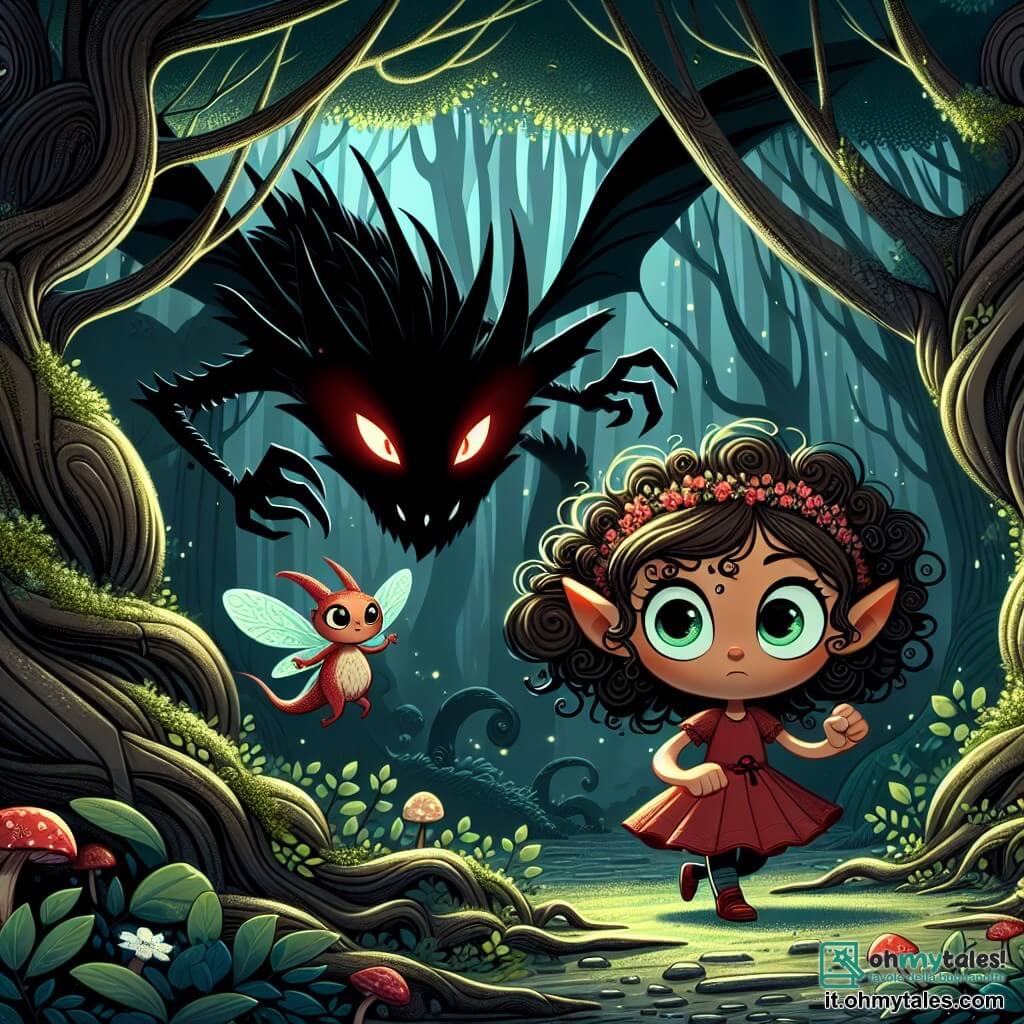 Une illustration sous forme de dessin destinée aux enfants représentant une forêt sombre et mystérieuse, avec des arbres aux troncs noueux et des feuilles d'un vert éclatant, où une fille de 9 ans, aux cheveux bruns et bouclés, vêtue d'une robe rouge, se tient courageusement au centre, les yeux brillants de détermination, tandis qu'un petit être féerique, aux grandes oreilles et aux yeux scintillants, flotte à ses côtés, l'encourageant à affronter un drago de l'ombre, aux écailles noires et aux yeux rouges menaçants, qui émerge des ténèbres, créant une atmosphère à la fois effrayante et magique.