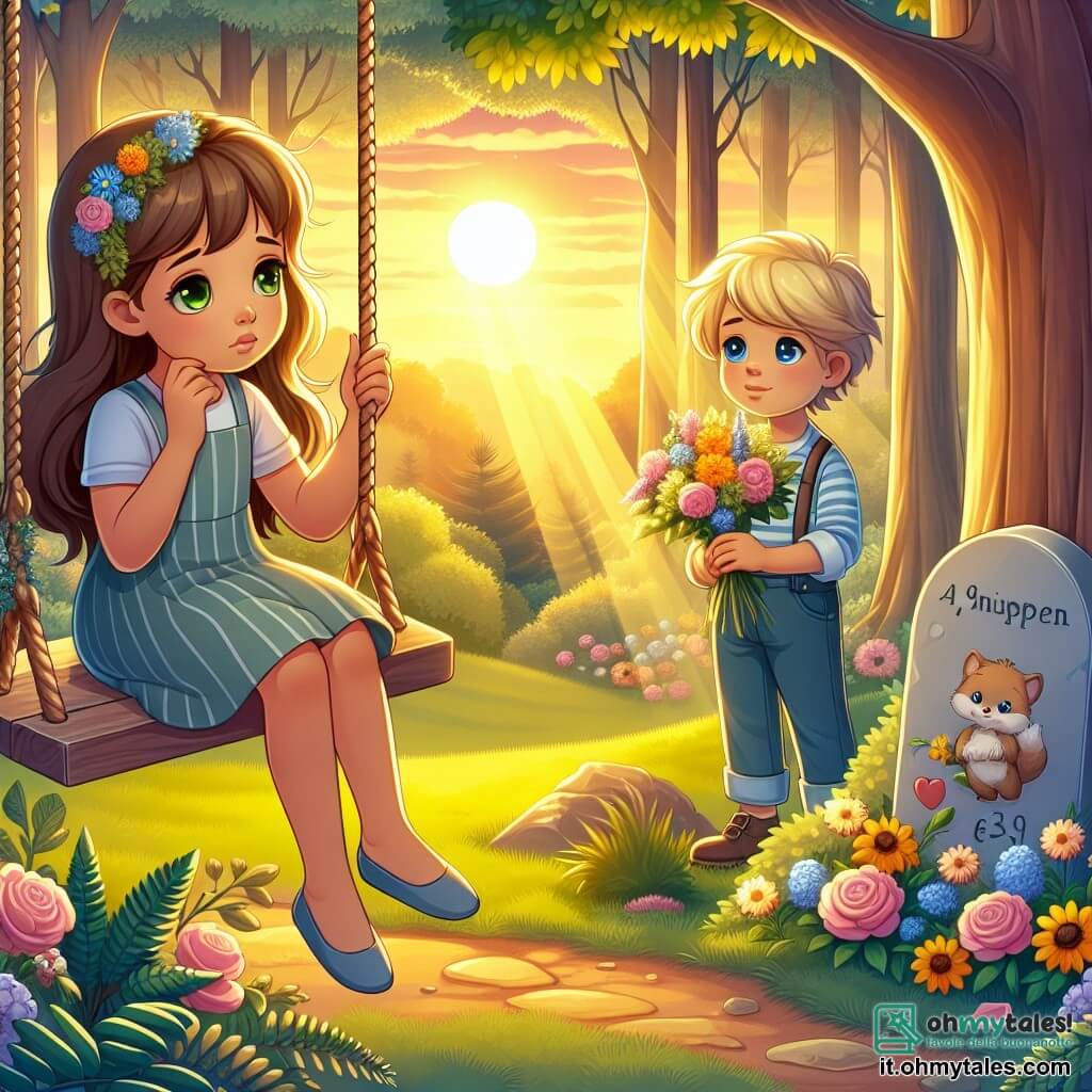 Une illustration sous forme de dessin destinée aux enfants représentant un parc verdoyant baigné par la lumière dorée du soleil couchant, où une fille de 9 ans aux longs cheveux bruns et aux yeux verts, assise sur une balançoire, regarde pensivement un petit coin du jardin décoré de fleurs colorées et d'une pierre peinte, tandis qu'un garçon de 10 ans aux cheveux blonds et aux yeux bleus, à ses côtés, tient un bouquet de fleurs et lui sourit avec bienveillance, illustrant un moment de partage et de commémoration pour leurs animaux disparus, symbolisant l'amour et le souvenir.