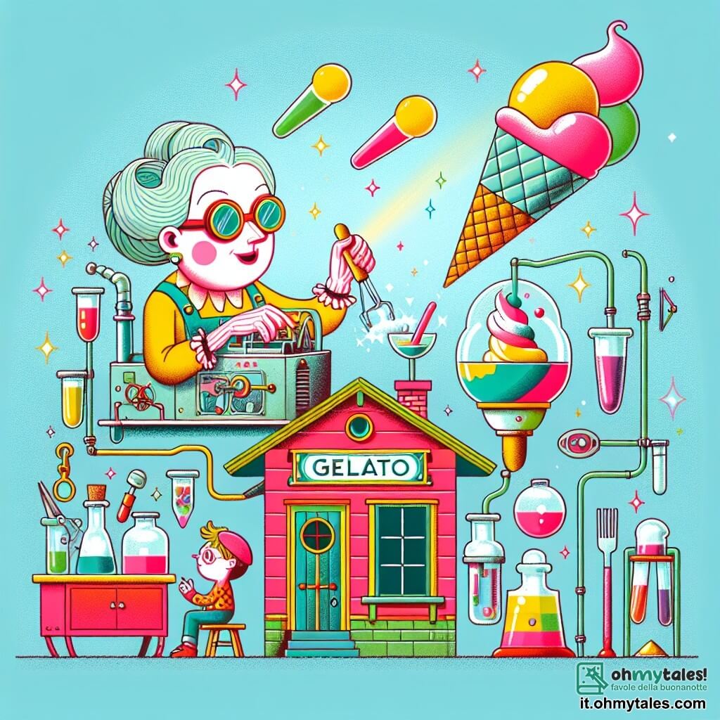 Une illustration destinée aux enfants représentant une inventrice excentrique (femme) créant un Miracoloso Gelato Volante, avec l'aide d'un petit garçon curieux, dans un laboratoire secret rempli de tubes à essai colorés et d'outils étincelants, situé dans une casetta colorata au bord de la ville.