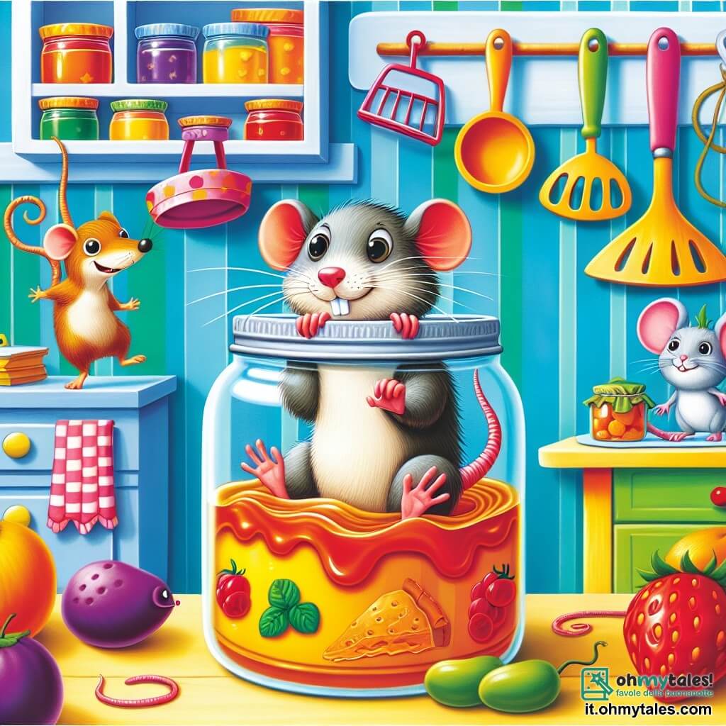 Une illustration destinée aux enfants représentant un rat malicieux se retrouvant piégé dans un pot de confiture, avec l'aide précieuse d'une souris courageuse, dans une cuisine colorée et animée par des ustensiles enjoués.