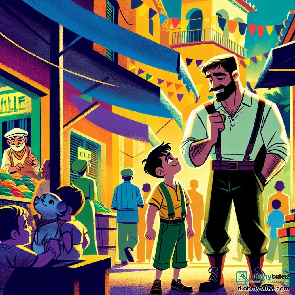Une illustration destinée aux enfants représentant un homme courageux et robuste, un petit garçon curieux et admiratif, au marché de la ville de Valle Verde, vibrant de couleurs vives et de mouvement.