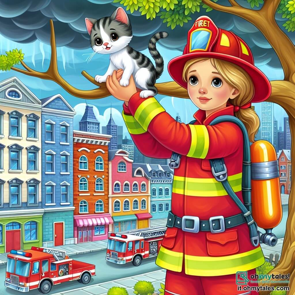Une illustration destinée aux enfants représentant une femme pompière courageuse, en uniforme rouge vif, en train de sauver un chaton perché sur une branche d'un grand arbre, dans une ville animée avec des maisons colorées, des rues pavées et une caserne de pompiers imposante en arrière-plan.