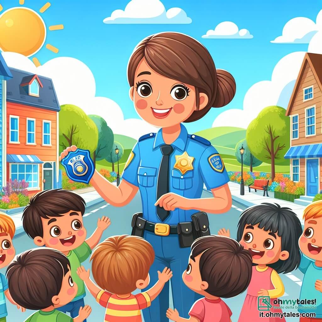 Une illustration sous forme de dessin destinée aux enfants représentant une rue animée d'une petite ville ensoleillée, avec des maisons colorées et des arbres verdoyants, où une policière souriante, une femme aux cheveux châtains attachés en chignon et portant une uniforme bleu, explique aux enfants curieux, un groupe de garçons et de filles aux visages joyeux et aux vêtements colorés, comment protéger leur communauté tout en tenant son badge en l'air, le tout dans une ambiance amicale et encourageante.