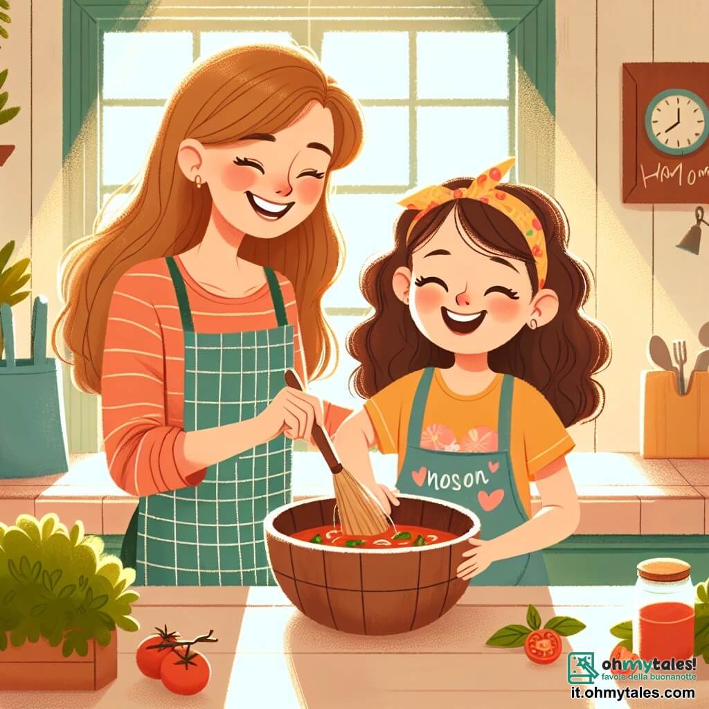 Une illustration sous forme de dessin destinée aux enfants représentant une cuisine chaleureuse et lumineuse, avec des murs peints en jaune pastel et des fenêtres laissant entrer la lumière du soleil, où une fille de 11 ans aux cheveux châtains bouclés, portant un t-shirt coloré et un tablier, mélange joyeusement une sauce tomate dans un grand bol en bois, tandis que sa mère, une femme souriante aux cheveux longs et bruns, vêtue d'un tablier, lui tend des ingrédients frais comme du basilic et des tomates, illustrant un moment de complicité et de partage familial, loin des écrans, mettant en avant l'importance des relations humaines.
