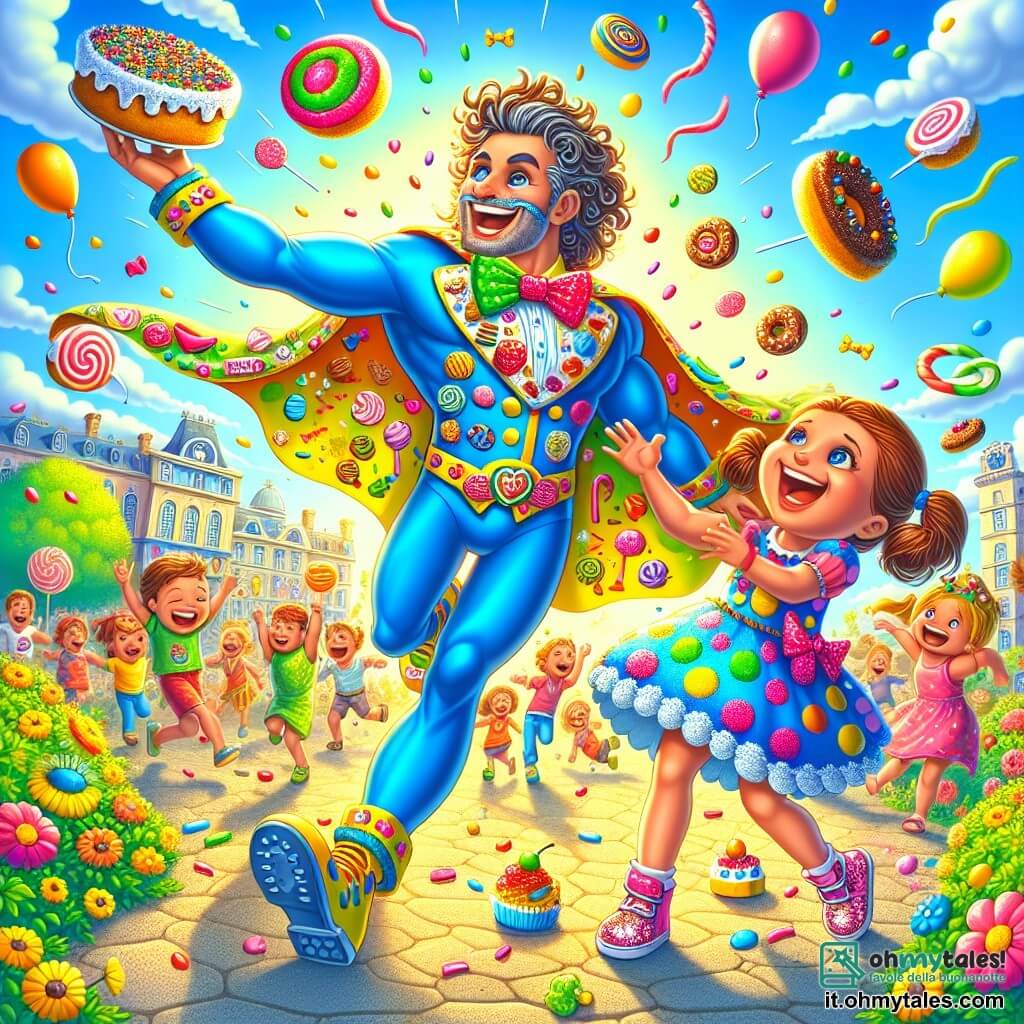Illustrazione che rappresenta una scena colorata in un parco soleggiato, pieno di fiori vivaci e risate di bambini. Al centro, un supereroe comico, un uomo con un costume blu brillante decorato con motivi di torte e dolci, si erge con un grande sorriso. Ha capelli ricci e indossa un mantello svolazzante, mentre lancia pasticcini volanti che girano intorno a lui. Accanto a lui, una bambina di circa 8 anni, con capelli castani legati in due codini, ride a crepapelle mentre tiene in mano una grande fetta di torta. Indossa un vestito colorato a pois e scarpe scintillanti. Sullo sfondo, un gruppo di bambini di diverse età, tutti felici, si precipitano verso i pasticcini, i loro volti illuminati dall'eccitazione. La scena trasmette un'atmosfera festosa, con palloncini svolazzanti e coriandoli nell'aria, catturando lo spirito di un'avventura piena di risate e dolcezze.