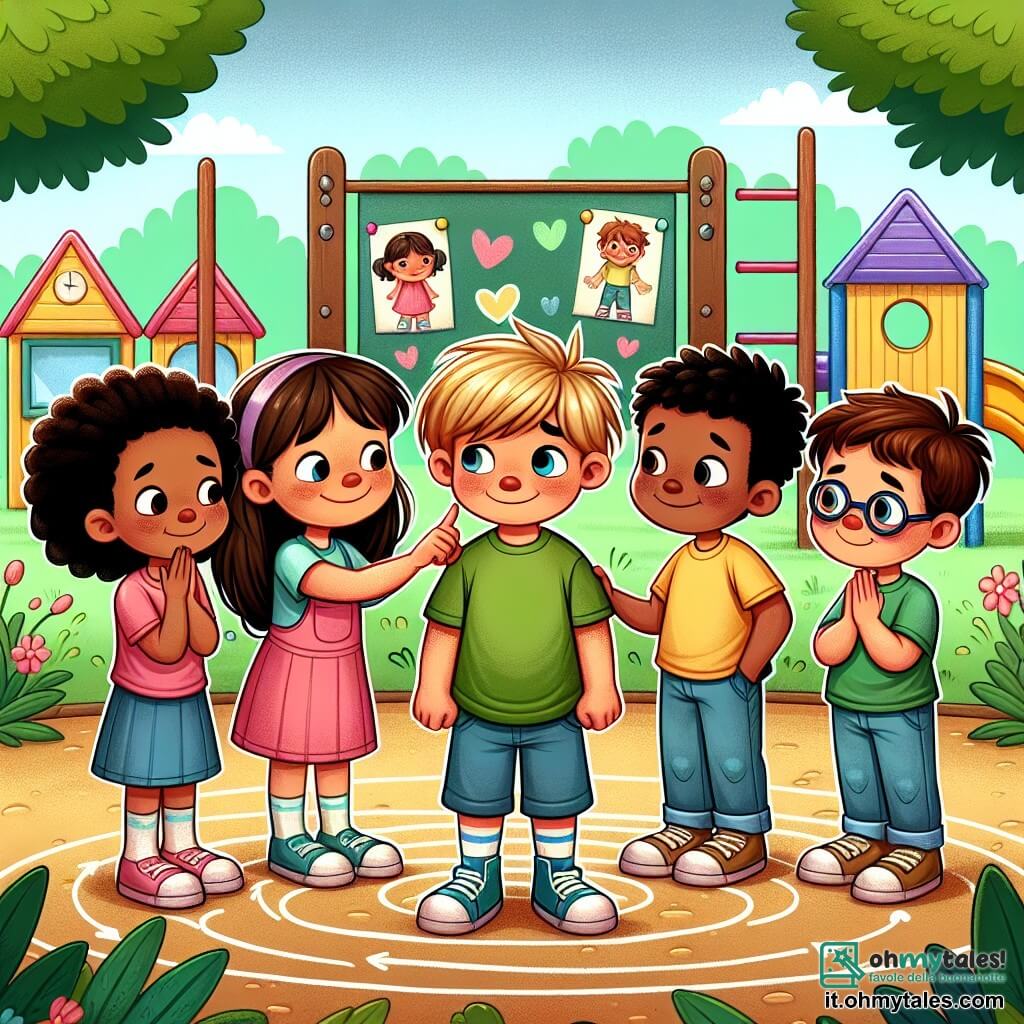Illustrazione che rappresenta un cortile scolastico animato, con alberi verdi e giochi colorati sullo sfondo. Al centro, un gruppo di quattro bambini è in cerchio: una ragazza di otto anni, con capelli castani e ricci, che indossa una maglietta rosa e pantaloni corti blu, guarda con determinazione un ragazzo della stessa età, con capelli biondi e corti, vestito con una maglietta verde, che sembra esitante. Accanto a loro, ci sono altri due bambini, una ragazza con capelli neri e lisci, vestita con un vestito giallo, e un ragazzo con occhiali, dai capelli castani, che sorridono e incoraggiano il ragazzo biondo. La scena cattura un momento di sostegno, in cui la ragazza bruna tende la mano verso il ragazzo biondo per aiutarlo a rialzarsi dopo essere stato deriso da altri bambini. Sullo sfondo, disegni di cuori e messaggi positivi sono visibili su un grande pannello, simboleggiando lo spirito di cameratismo e rispetto.