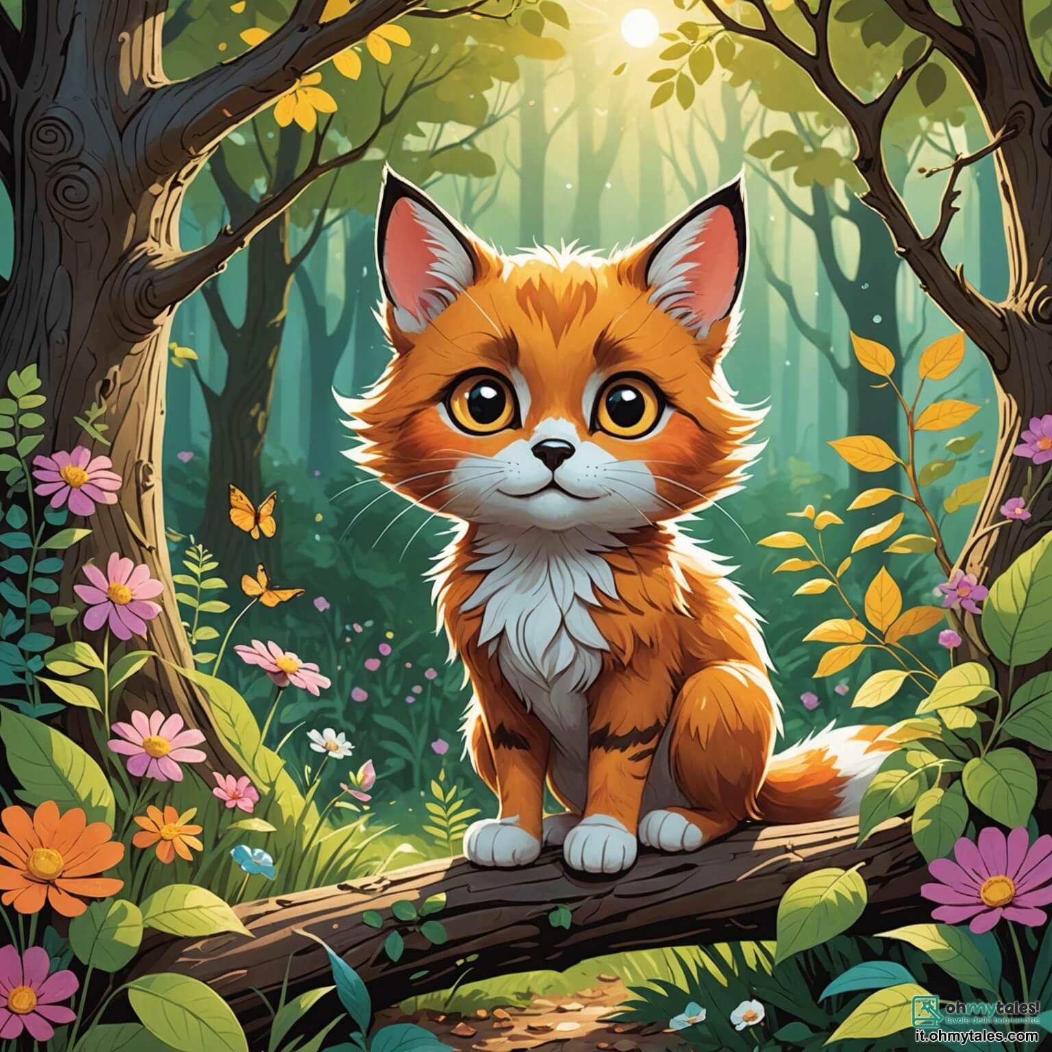Une illustration destinée aux enfants représentant un chat au pelage soyeux et aux yeux pétillants, se promenant avec curiosité dans une forêt enchantée où les rayons du soleil filtrent à travers les feuillages denses, illuminant des fleurs colorées qui dansent doucement au gré du vent, tandis qu'il croise une petite volpe perdue, au regard triste, et un sage hibou perché sur une branche, tous deux prêts à l'aider dans sa quête pour retrouver la maison de son amie, le tout se déroulant dans un décor féerique où les arbres majestueux racontent des histoires anciennes et les ruisseaux murmurent des secrets oubliés.