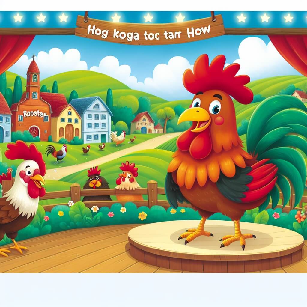 Une illustration destinée aux enfants représentant un coq flamboyant, vivant dans une ferme pittoresque entourée de champs verdoyants, qui se retrouve en compétition avec un gallo jaloux lors d'un concours de talents à la grande salle de la ville voisine.