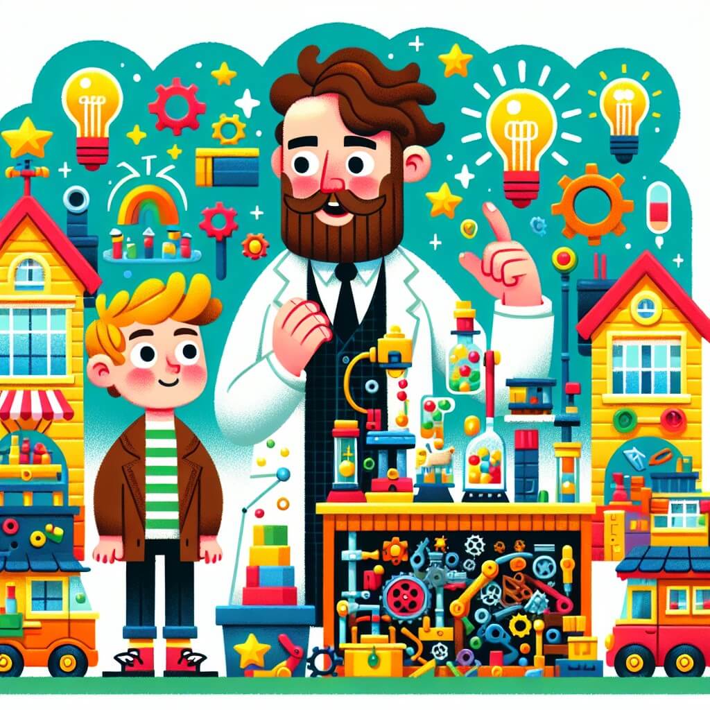 Une illustration destinée aux enfants représentant un homme passionné et créatif, entouré de ses inventions dans son laboratoire magique, tandis qu'un jeune garçon curieux l'observe avec admiration, dans une petite ville colorée pleine de maisons en forme de jouets et de rues pavées d'objets recyclés.