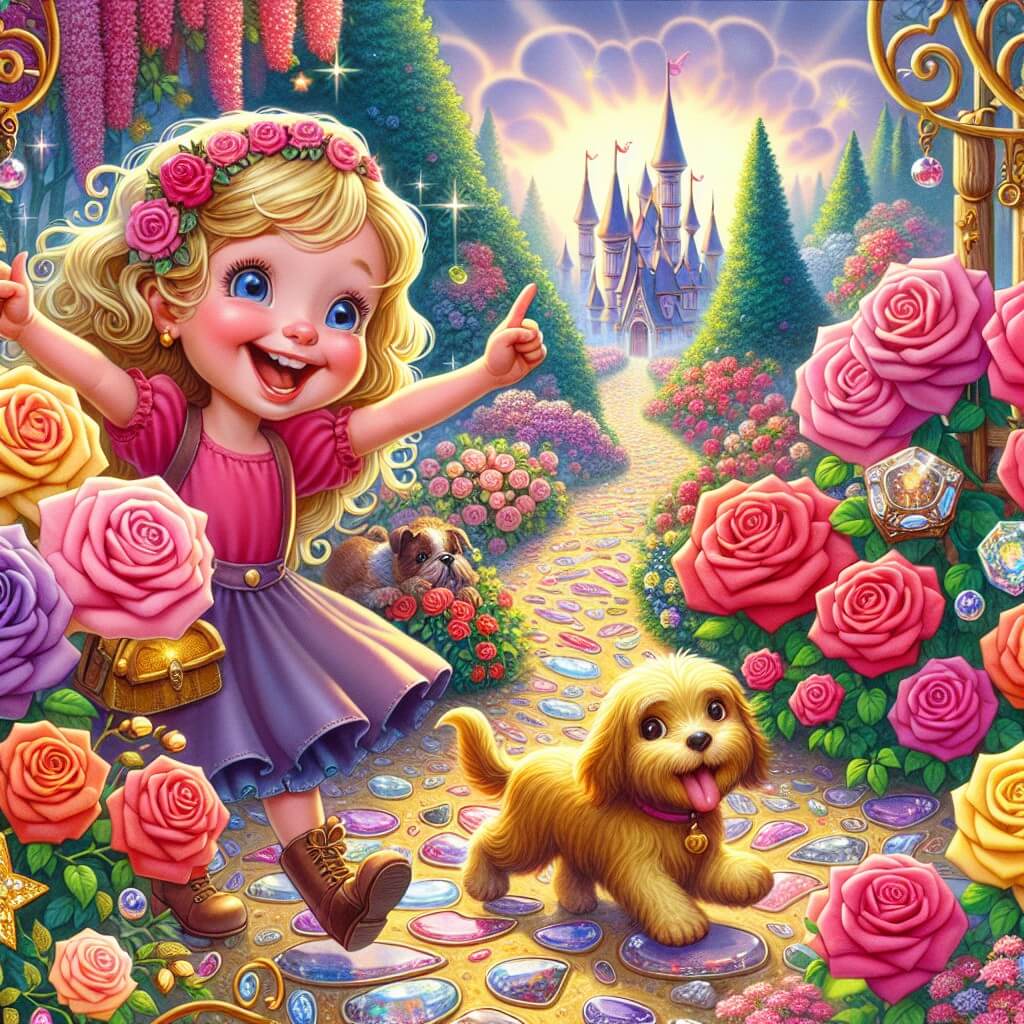 Une illustration destinée aux enfants représentant une jeune fille pleine de joie et d'enthousiasme qui crée un magnifique jardin secret rempli de roses colorées et d'un sentier enchanté de pierres précieuses, avec son fidèle chien Birillo, pour offrir à sa maman le plus beau des cadeaux lors de la fête des mères.