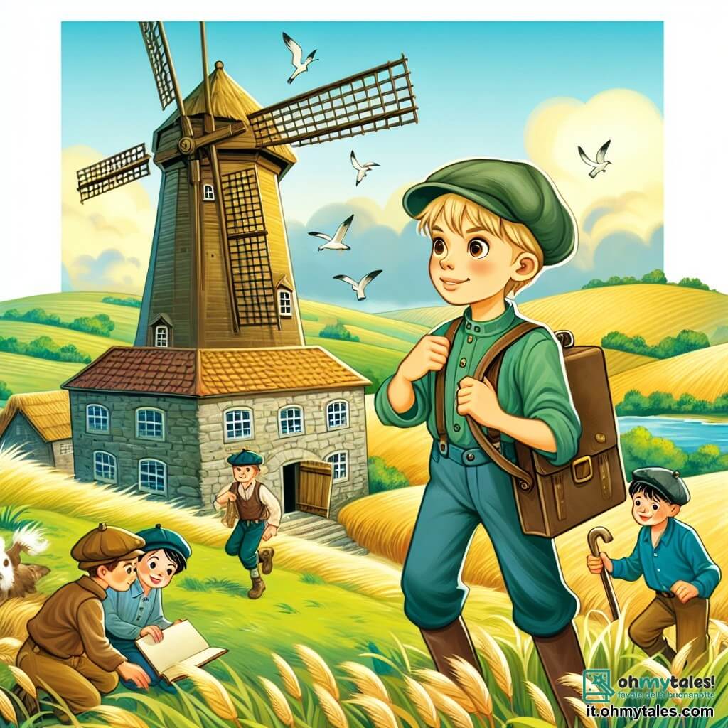 Une illustration destinée aux enfants représentant un jeune garçon curieux et astucieux, accompagné de ses amis, enquêtant sur un mystère dans un vieux mulino abbandonato, entouré de collines verdi e campi dorati.