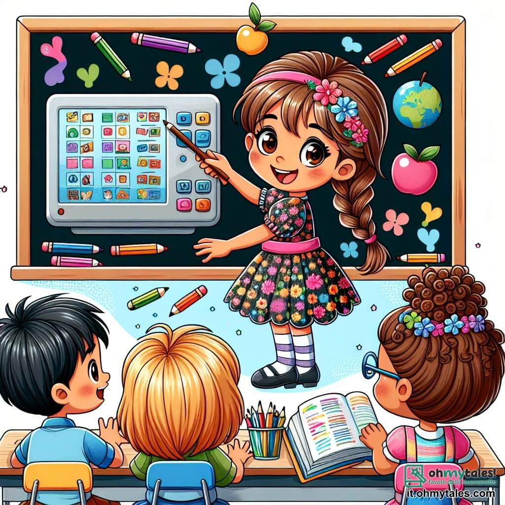 Une illustration sous forme de dessin destinée aux enfants représentant une salle de classe colorée, avec des murs décorés de dessins d'enfants, où une fille de 8 ans aux cheveux bruns tressés et portant une robe à fleurs est assise à son bureau, concentrée sur un tableau numérique, tandis que plusieurs camarades de classe, dont un garçon aux lunettes et une fille aux cheveux bouclés, l'observent avec curiosité, illustrant le moment où elle partage son idée de trouver un équilibre entre le temps passé sur les écrans et les jeux en plein air, entourée de crayons colorés et de livres ouverts, symbolisant l'apprentissage et la créativité.