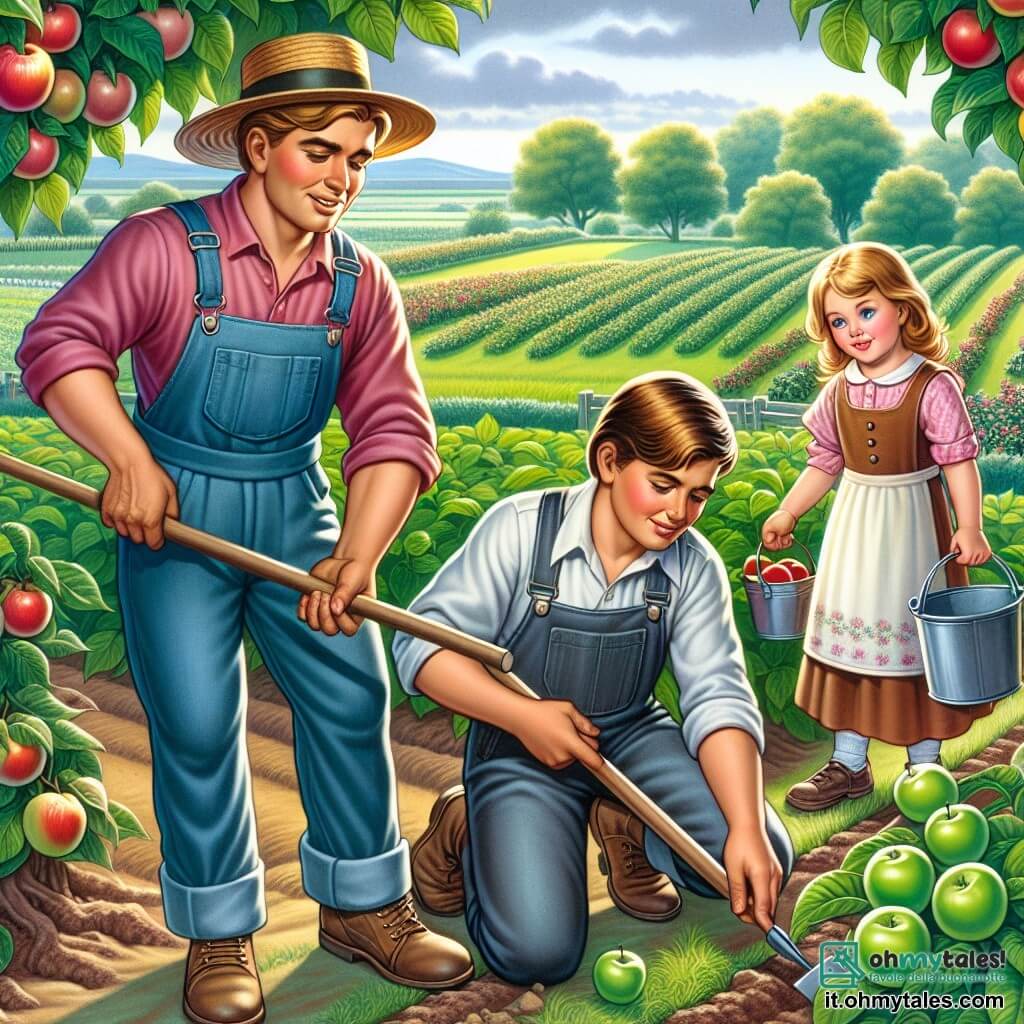 Une illustration destinée aux enfants représentant un homme passionné par l'agriculture, accompagné d'un frère et d'une sœur curieux, travaillant ensemble dans une ferme entourée de champs verdoyants et d'arbres fruitiers chargés de délicieux fruits.