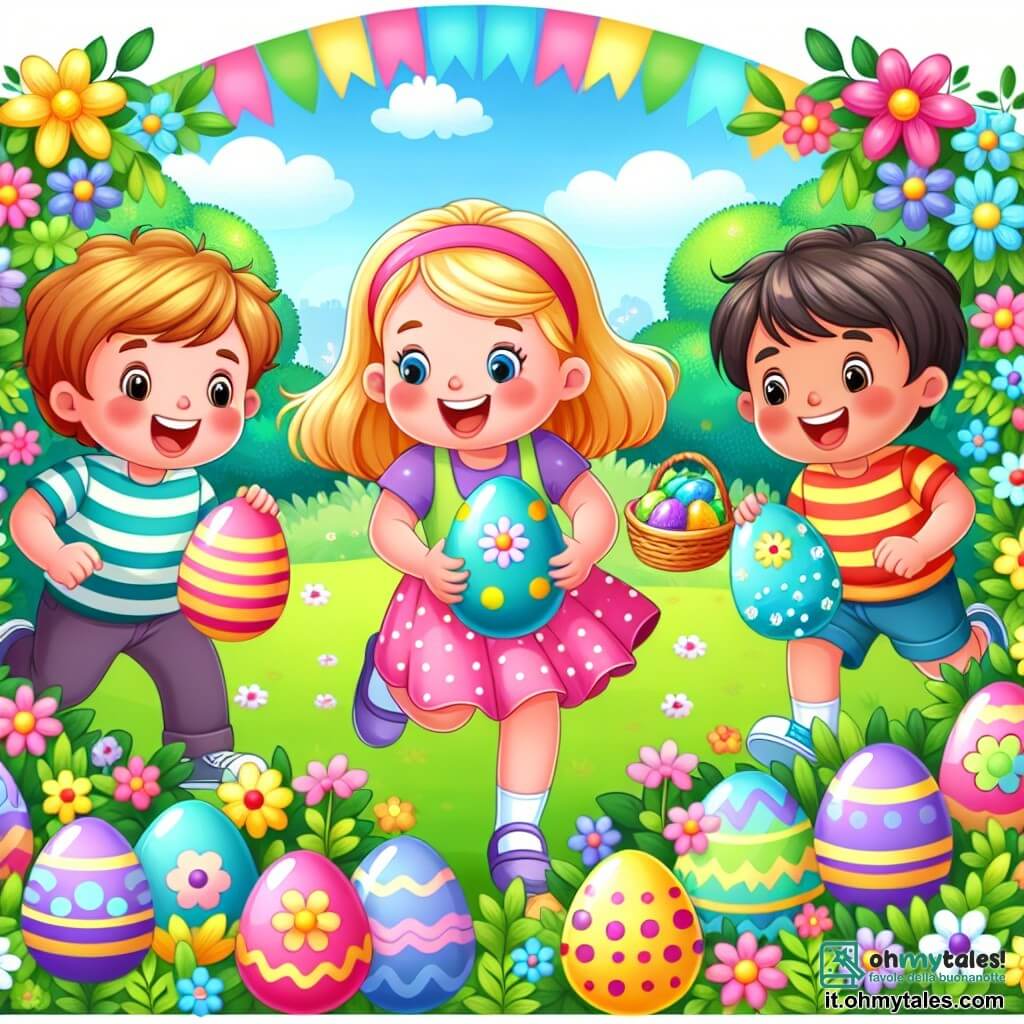Une illustration destinée aux enfants représentant une fillette enthousiaste participant à une caccia al tesoro di Pasqua accompagnée de ses amis, un garçon et une fille, dans un parc coloré orné de fiori e di uova dipinte.