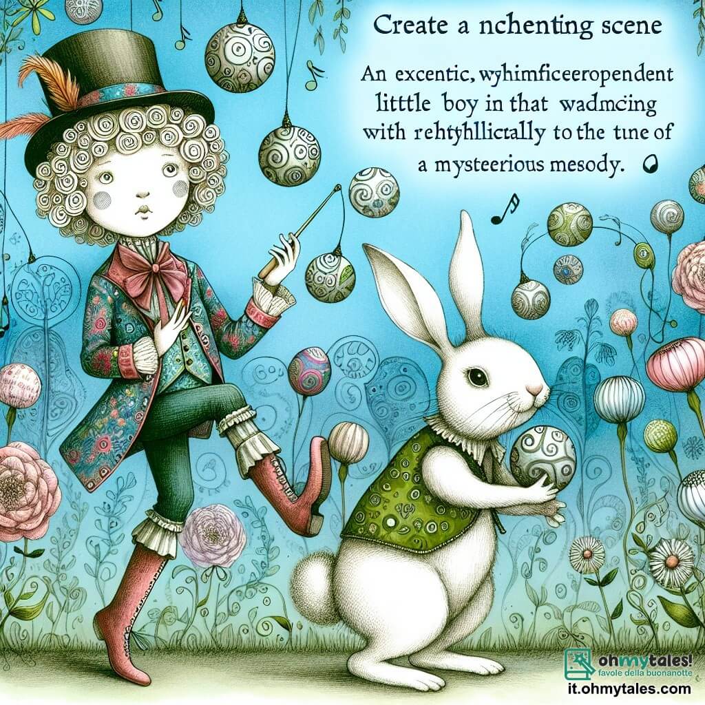 Une illustration destinée aux enfants représentant un petit garçon excentrique et farfelu, accompagné d'un lapin jongleur, dans un jardin enchanté rempli de fleurs qui dansent au rythme d'une musique mystérieuse.