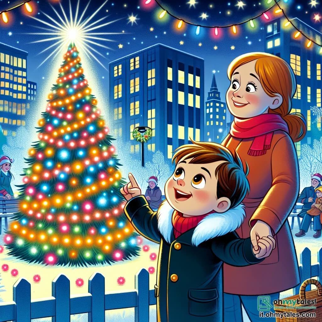 Une illustration destinée aux enfants représentant un petit garçon émerveillé par un arbre de Noël scintillant, accompagné de sa maman, dans un parc de la ville orné de lumières colorées et de décorations festives.