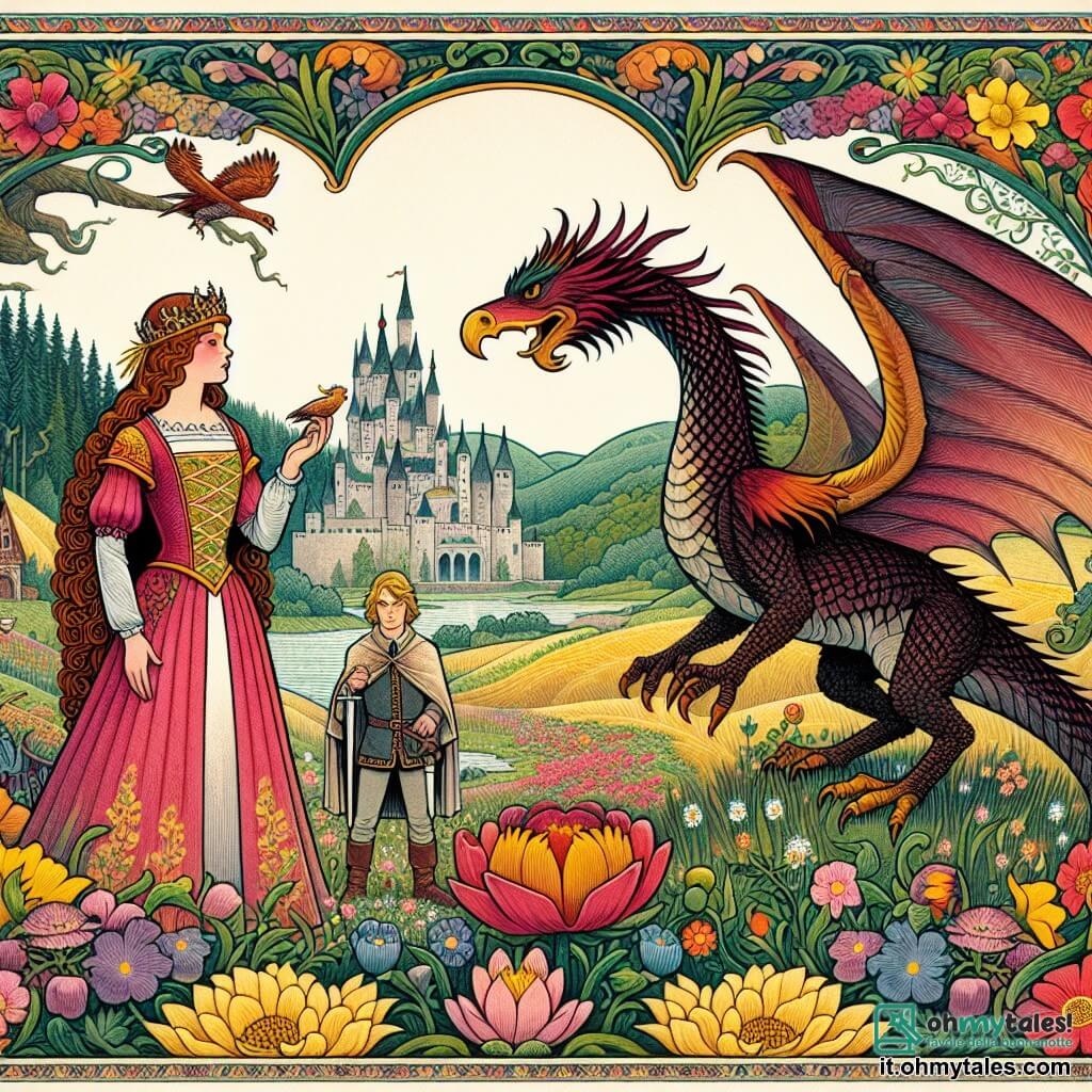 Une illustration destinée aux enfants représentant une princesse courageuse se tenant devant un dragon effrayant, accompagnée d'un prince transformé en oiseau, dans un château enchanté entouré de prati fioriti et de boschi misteriosi.