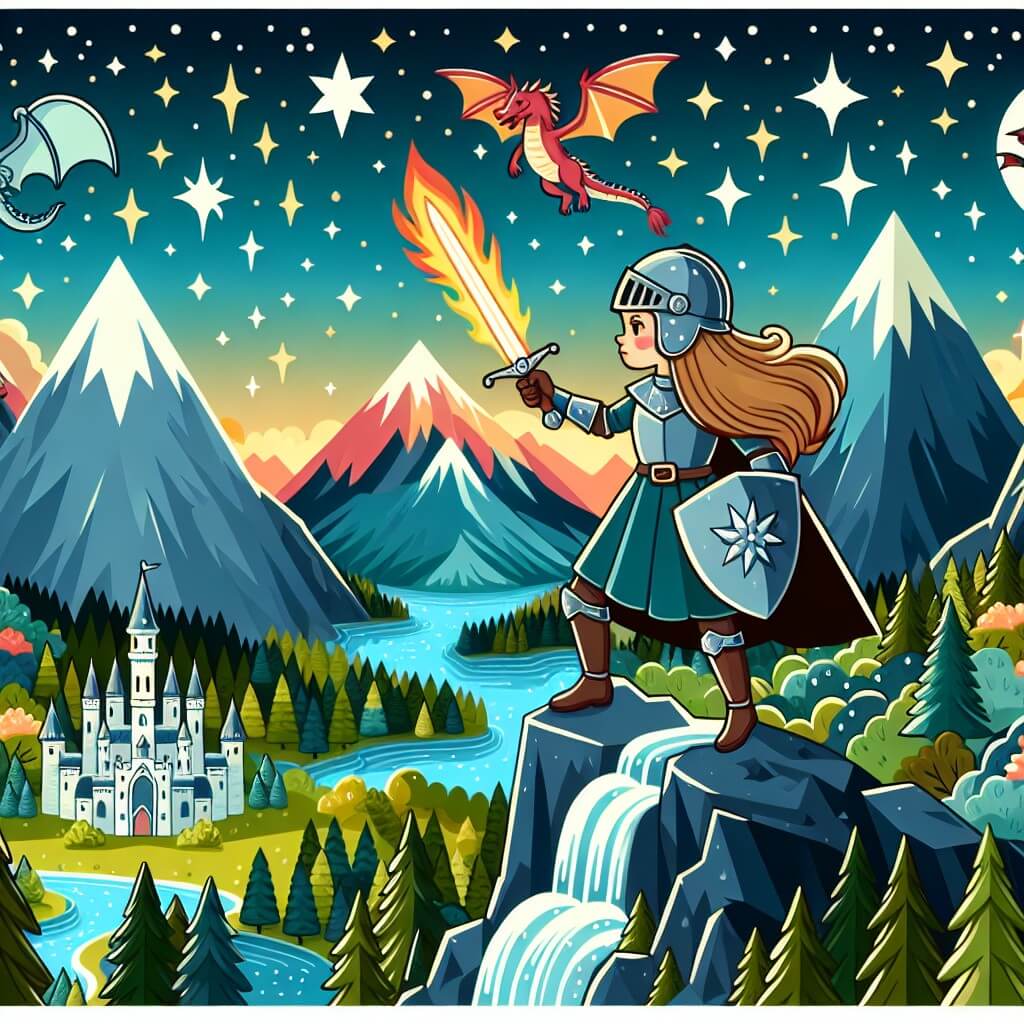 Une illustration destinée aux enfants représentant une femme guerrière, debout au sommet d'une montagne escarpée, brandissant son épée flamboyante, avec un dragon volant dans le ciel étoilé et un château imposant au loin, au cœur d'un paysage médiéval-fantastique enchanteur rempli de forêts luxuriantes, de cascades scintillantes et de montagnes majestueuses.