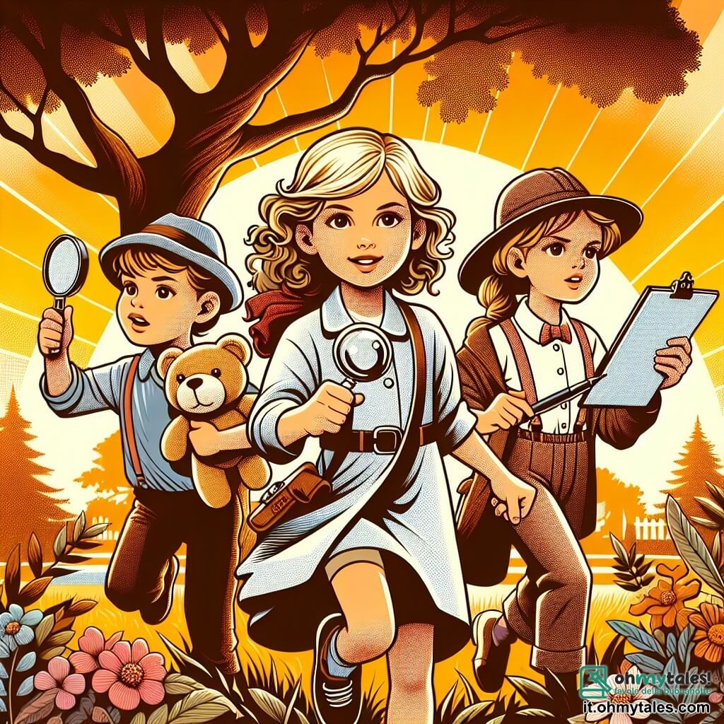 Une illustration destinée aux enfants représentant une petite fille curieuse et déterminée, accompagnée de ses deux amis, un garçon détective avec une loupe et une fille artiste avec un carnet de croquis, explorant un jardin ensoleillé avec une grande quercia, à la recherche de son ourson disparu.