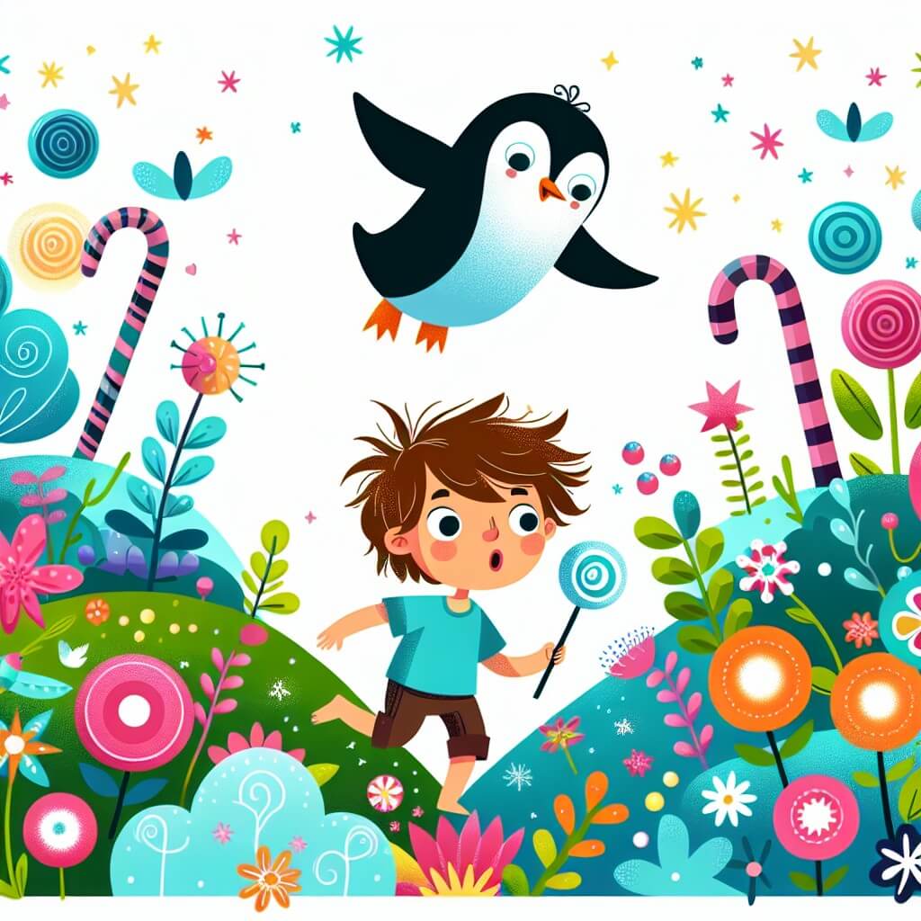 Une illustration destinée aux enfants représentant un jeune garçon aux cheveux en pagaille, se retrouvant dans une situation loufoque où il rencontre un pingouin volant dans un jardin enchanté rempli de fleurs multicolores et d'arbres à bonbons.