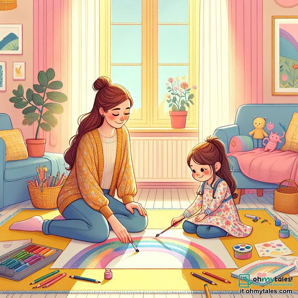 Illustrazione che rappresenta una scena calorosa in un soggiorno colorato. Le pareti sono dipinte di giallo pastello e grandi finestre lasciano entrare la luce del sole, illuminando un tappeto morbido al centro della stanza. Al centro della scena, una bambina di quattro anni, con lunghi capelli castani e occhi scintillanti, è seduta sul tappeto. Indossa un vestito a fiori colorati e tiene un pennello in una mano, mentre con l'altra tocca delicatamente un grande disegno di arcobaleno che ha realizzato. Accanto a lei, una donna, probabilmente sua madre, di circa trent'anni, con capelli castani raccolti in un chignon e un sorriso dolce, la osserva con tenerezza. Indossa un maglione comodo e jeans, tenendo un libro illustrato tra le mani. La situazione principale mostra la bambina che, dopo aver dipinto, si è addormentata sul tappeto, circondata da matite e fogli di carta. Giocattoli colorati sono sparsi attorno a loro, e un grande libro aperto sul divano suggerisce che hanno appena letto una storia insieme. La scena trasmette un'atmosfera di calore, amore e creatività, illustrando un momento di conforto e gioia nonostante la stanchezza della bambina.