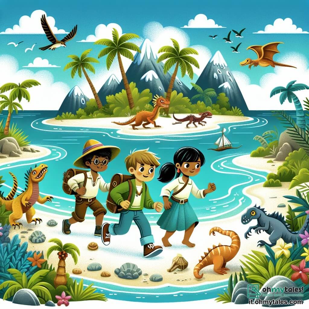 Une illustration destinée aux enfants représentant un jeune garçon intrépide, accompagné de ses amis, explorant une île mystérieuse peuplée de trésors cachés et de créatures extraordinaires, entourée par des eaux turquoise scintillantes et une plage de sable blanc bordée de palmiers luxuriants.