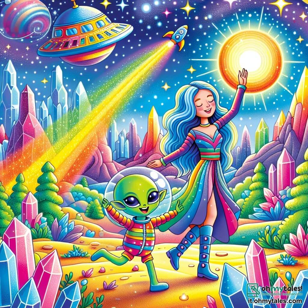 Une illustration sous forme de dessin destinée aux enfants représentant un paysage fantastique d'un planète lumineuse et colorée, avec des cristaux brillants scintillant sous un ciel étoilé, où une femme courageuse aux longs cheveux bleus et à la tenue spatiale colorée danse joyeusement avec un petit alien vert aux grands yeux et au sourire éclatant, tandis qu'une navette spatiale colorée flotte en arrière-plan, symbolisant l'amitié et l'aventure dans un voyage intergalactique.