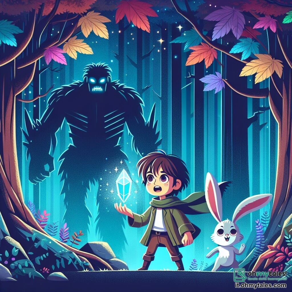 Une illustration sous forme de dessin destinée aux enfants représentant une forêt magique aux arbres gigantesques aux feuilles multicolores, où une jeune femme aux cheveux noirs comme la nuit et aux yeux brillants, tenant un cristallo lumineux, se tient courageusement face à un titan colossal, tandis qu'un petit lapin aux grandes oreilles et au pelage doux, aux côtés de la femme, l'encourage avec un sourire, créant une atmosphère d'aventure et de mystère.