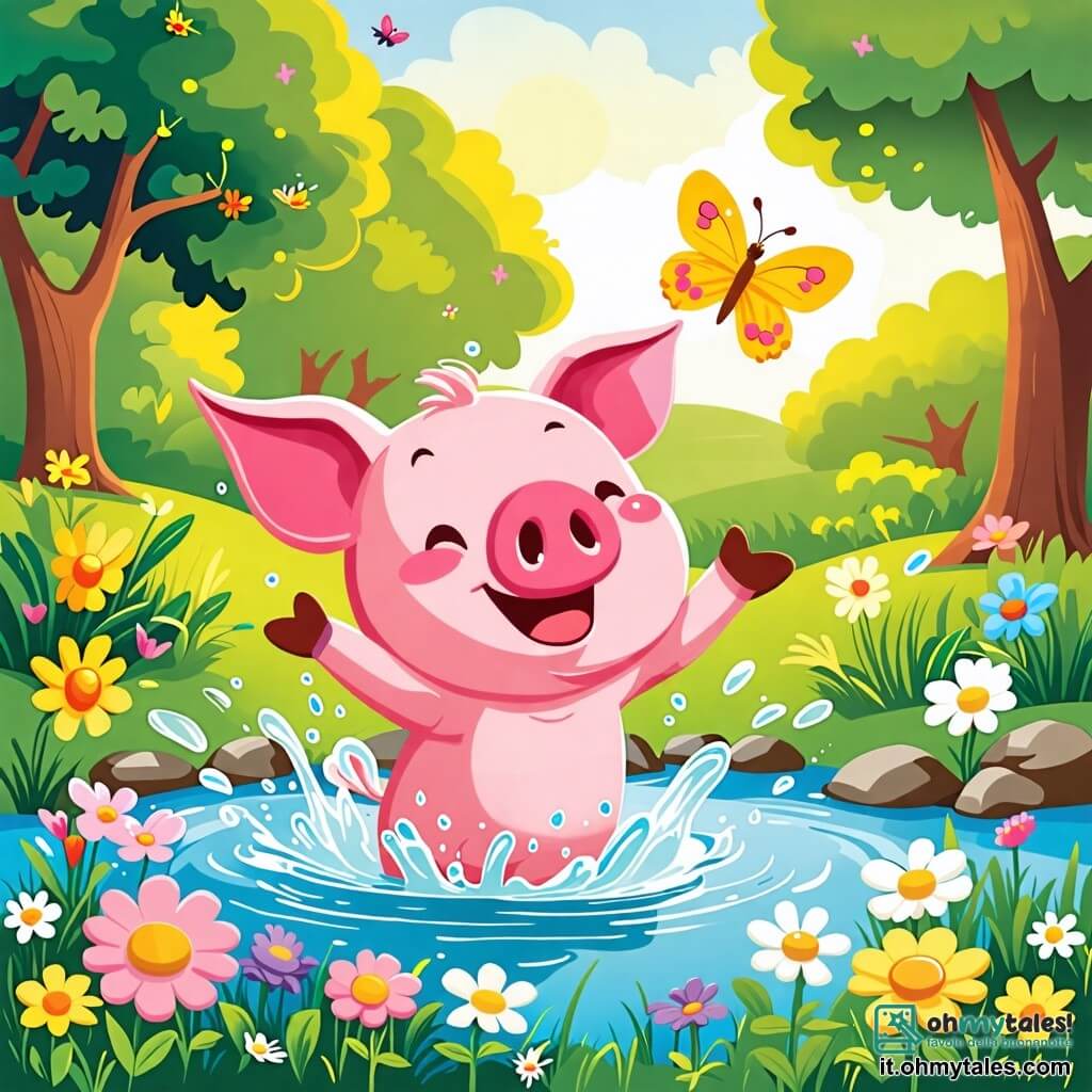 Une illustration sous forme de dessin destinée aux enfants représentant une charmante ferme verdoyante, avec un petit cochon rose aux yeux pétillants qui saute joyeusement dans un étang scintillant, éclaboussant de l'eau autour de lui, tandis qu'une délicate farfalla jaune vole autour, riant et dansant dans l'air ensoleillé, avec des fleurs colorées et des arbres majestueux en arrière-plan, capturant l'esprit d'aventure et d'amitié de cette belle journée.