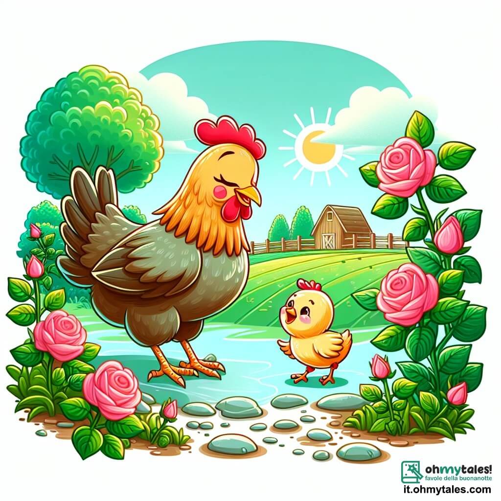 Une illustration destinée aux enfants représentant une poule brillante et joyeuse, une rencontre inattendue avec un petit poussin perdu, dans un village entouré de champs verdoyants et de roses parfumées.