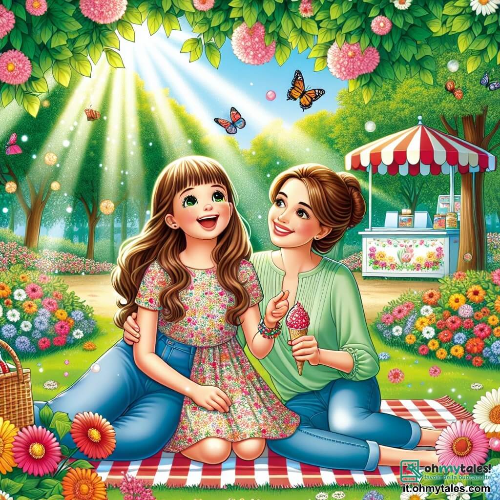 Illustrazione che rappresenta un parco soleggiato, pieno di fiori colorati e alberi verdi. Al centro, una ragazza di 9 anni con lunghi capelli castani, vestita con un abito floreale, è seduta su una coperta a quadri. Sorride gioiosamente, tenendo un braccialetto di perle colorate tra le mani. Accanto a lei, una donna di circa 35 anni, con capelli castani raccolti in uno chignon, indossa una blusa leggera e jeans. Guarda sua figlia con tenerezza, con un gelato alla fragola in mano. La scena trasmette un'atmosfera di felicità e complicità, con i raggi di sole che filtrano attraverso le foglie degli alberi, creando ombre danzanti sull'erba. Sullo sfondo, un piccolo chiosco dei gelati aggiunge un tocco di colore, mentre una farfalla multicolore vola intorno a loro, simboleggiando la magia di questo momento condiviso.