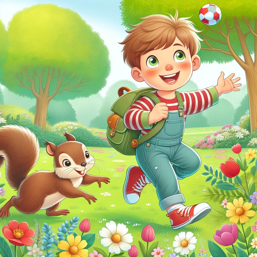 Une illustration destinée aux enfants représentant un jeune garçon joyeux, à la recherche de son ballon perdu, accompagné d'un adorable écureuil, dans un parc verdoyant et fleuri au printemps.