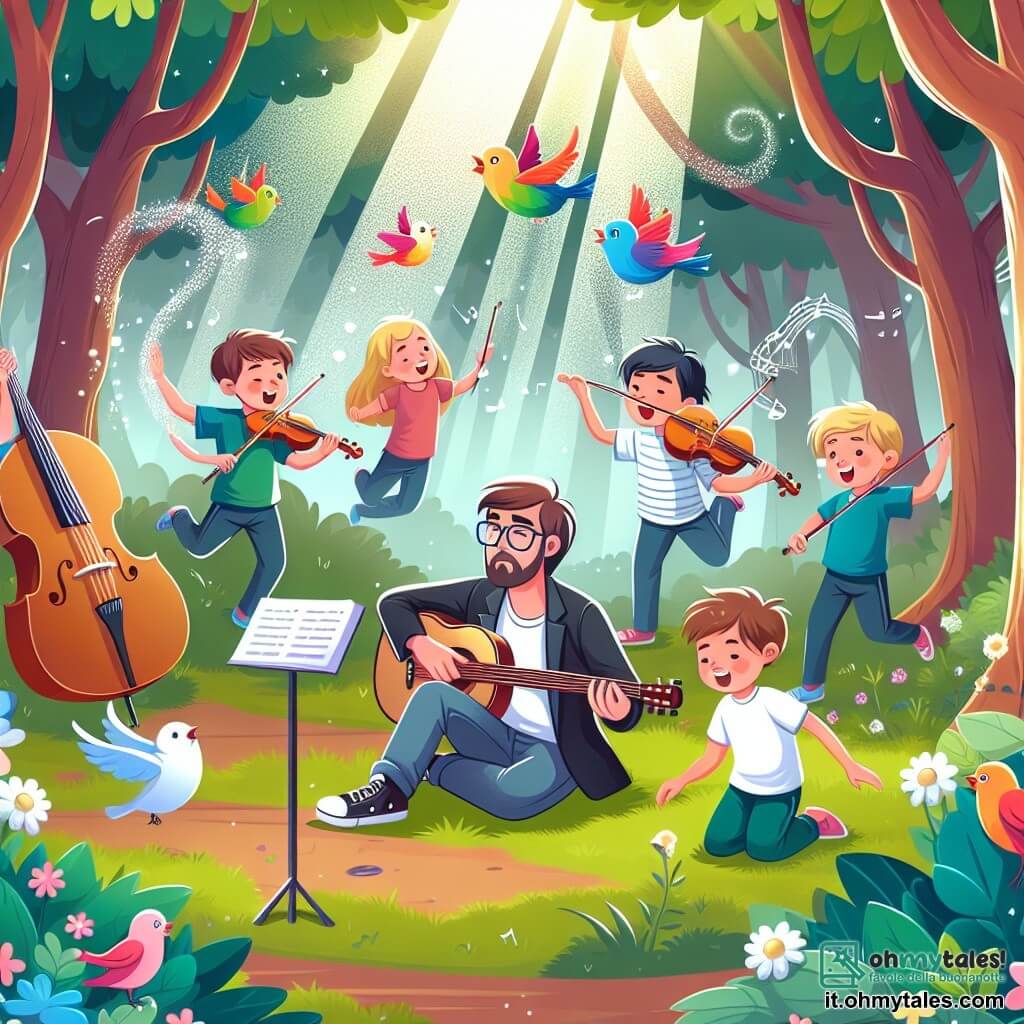 Une illustration destinée aux enfants représentant un homme passionné de musique, se retrouvant dans un parc enchanté où un groupe de jeunes musiciens talentueux joue joyeusement, entouré d'arbres majestueux aux feuilles chatoyantes et d'oiseaux colorés qui chantent mélodieusement.