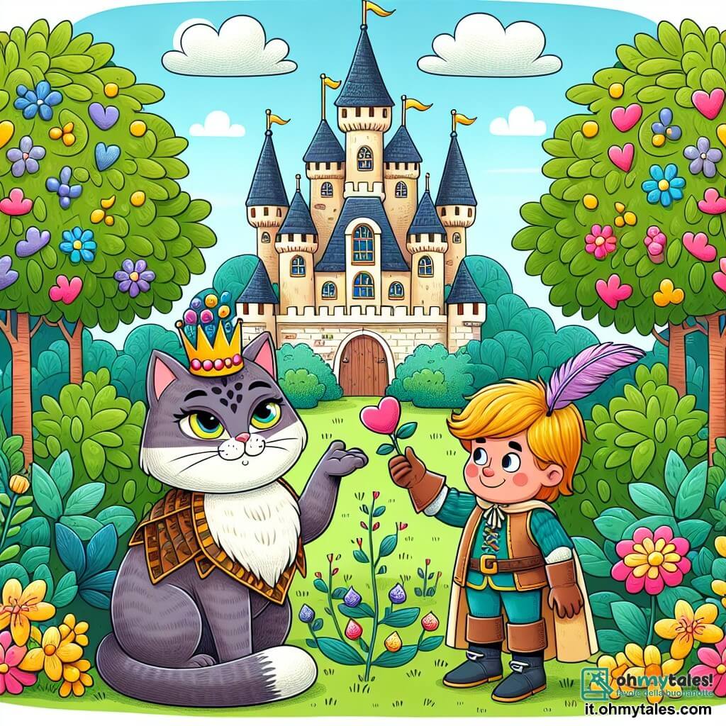 Une illustration destinée aux enfants représentant un chat rusé vêtu d'un chapeau à plumes, aidant un jeune garçon courageux à conquérir le cœur d'une princesse dans un château enchanté entouré de jardins fleuris aux couleurs vives.