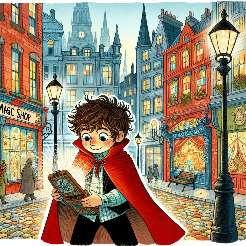 Une illustration destinée aux enfants représentant un jeune garçon aux cheveux ébouriffés, vêtu d'une cape rouge, découvrant un mystérieux magasin de magie avec une enseigne scintillante, situé au cœur d'une ville animée où les buildings modernes côtoient des ruelles pavées et des lampadaires magiques éclairant des façades colorées.
